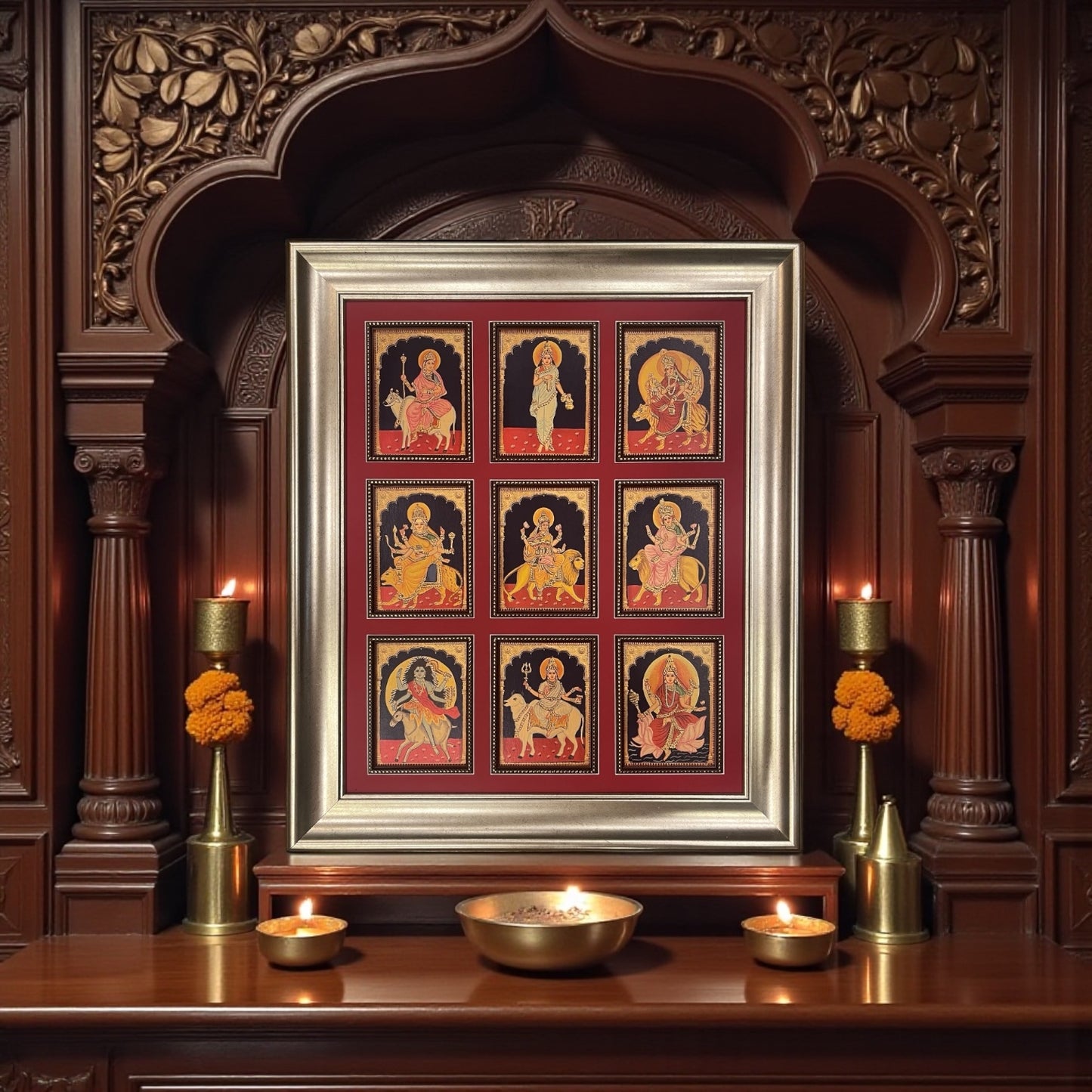Nava Durga Gold Leafed Art in Silver Moulded Frame