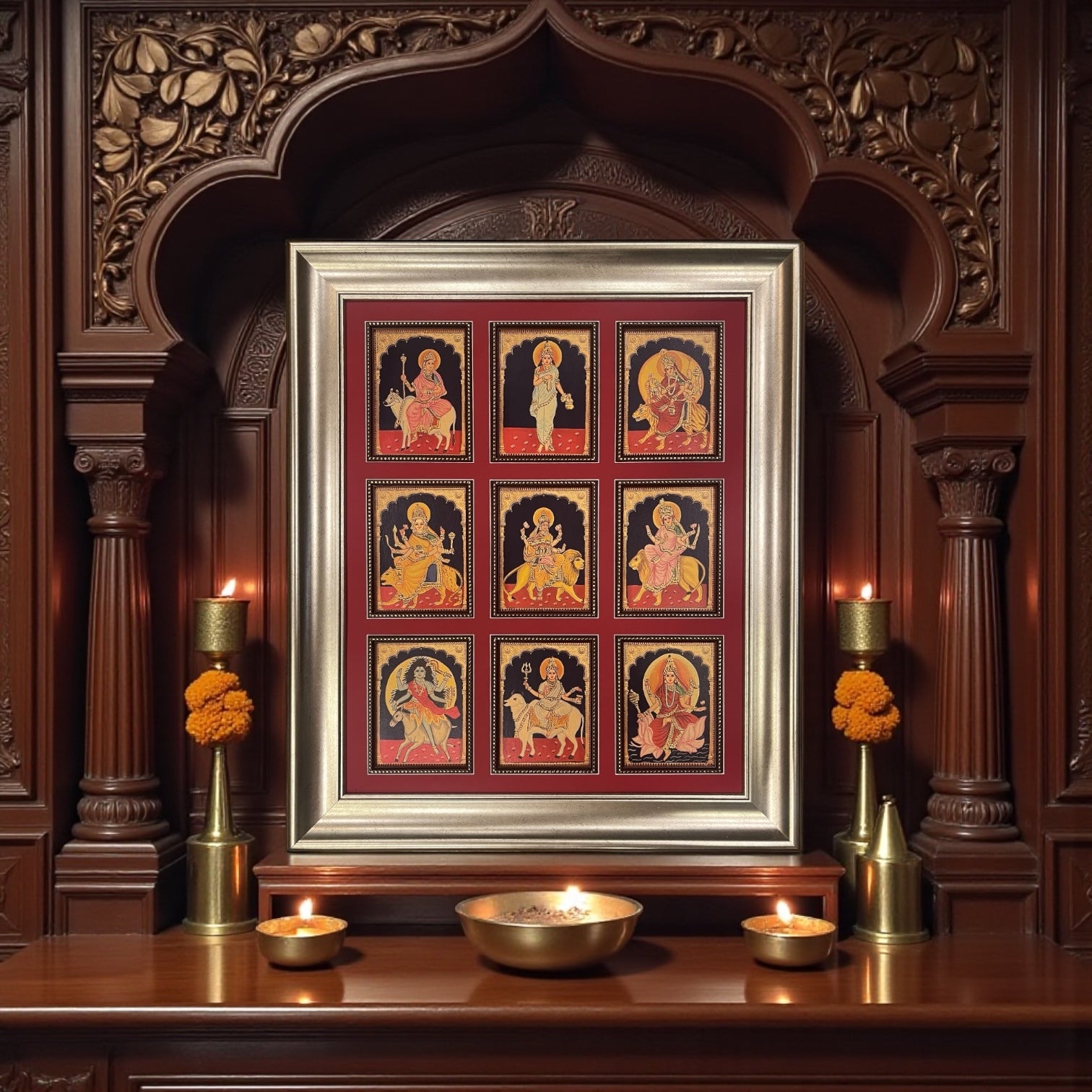 Nava Durga Gold Leafed Art in Silver Moulded Frame