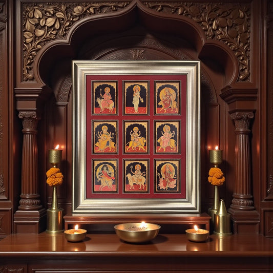 Nava Durga Gold Leafed Art in Silver Moulded Frame
