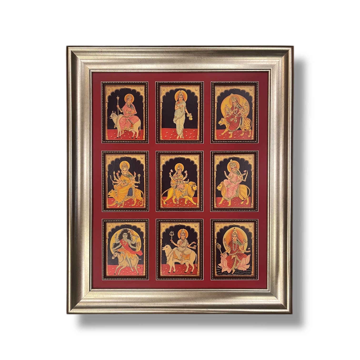 Nava Durga Gold Leafed Art in Silver Moulded Frame