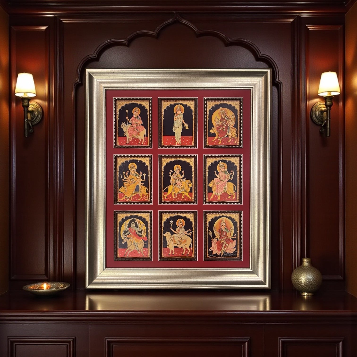 Nava Durga Gold Leafed Art in Silver Moulded Frame