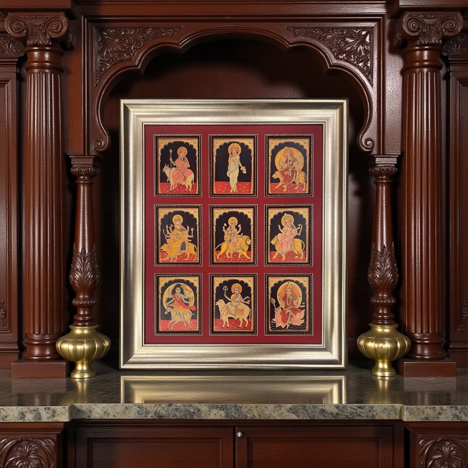 Nava Durga Gold Leafed Art in Silver Moulded Frame