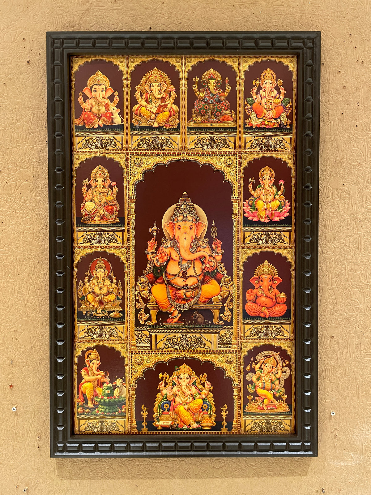 12 Forms of Ganesha Gold Leaf Art | Premium Engineered Wooden Frame | ESTUDIO