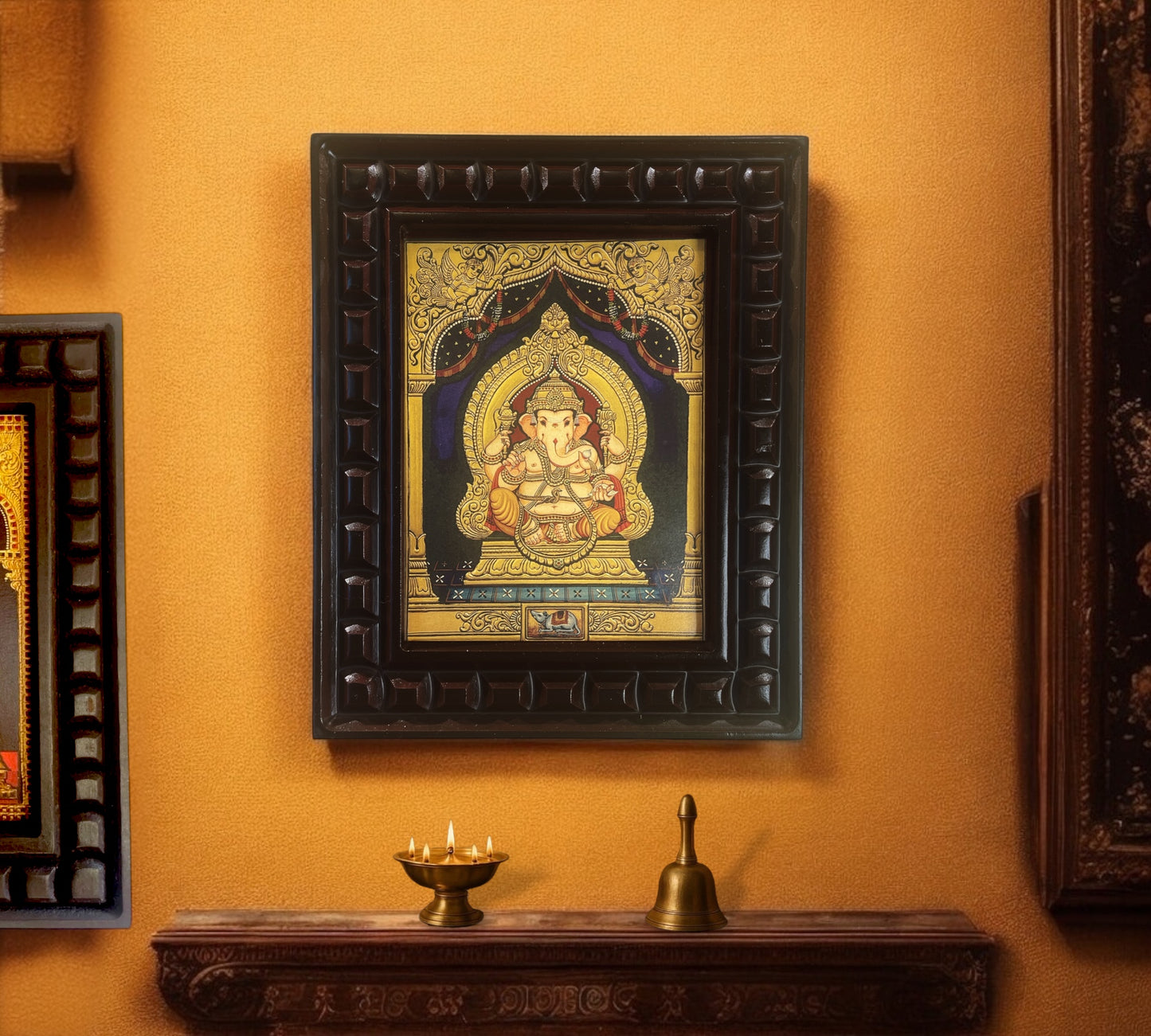 Shree Ganesha Gold Leafed Art With Wooden Frame