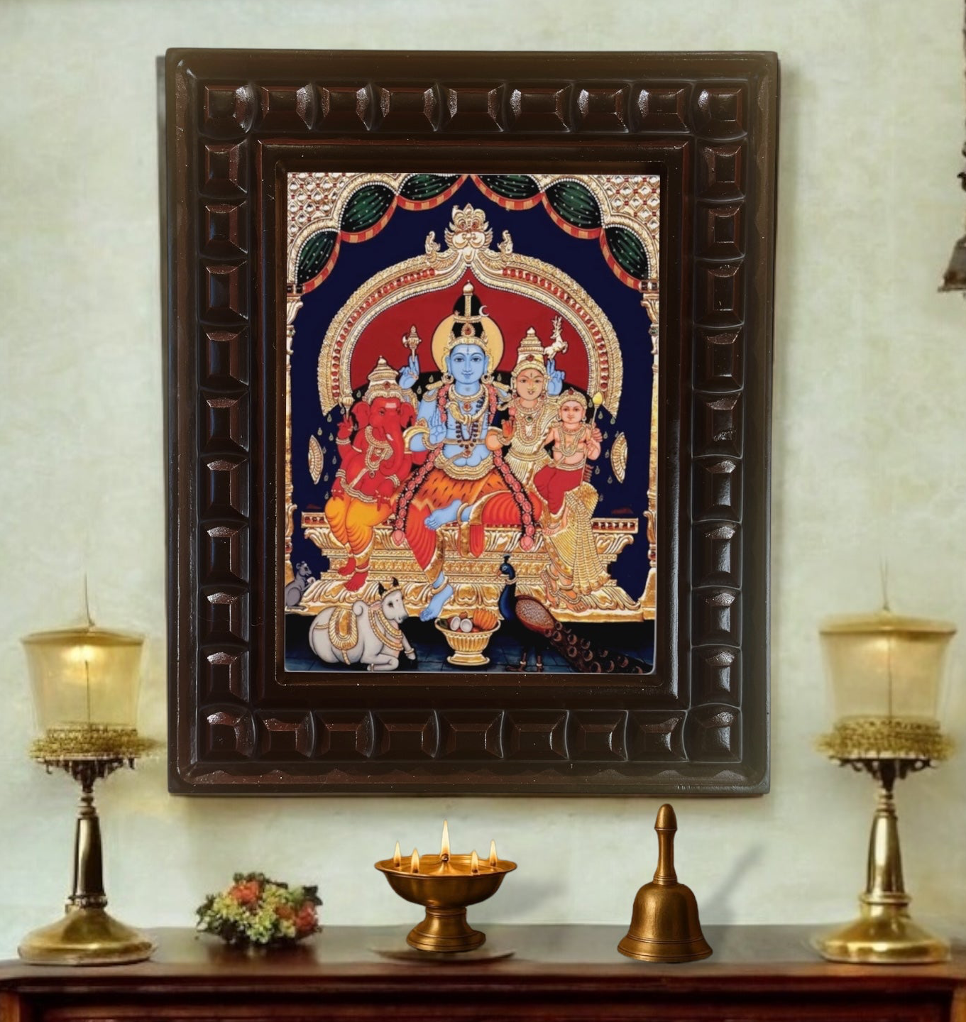 Shiva Parivar with blue Shiva Gold foiled art in wooden frame
