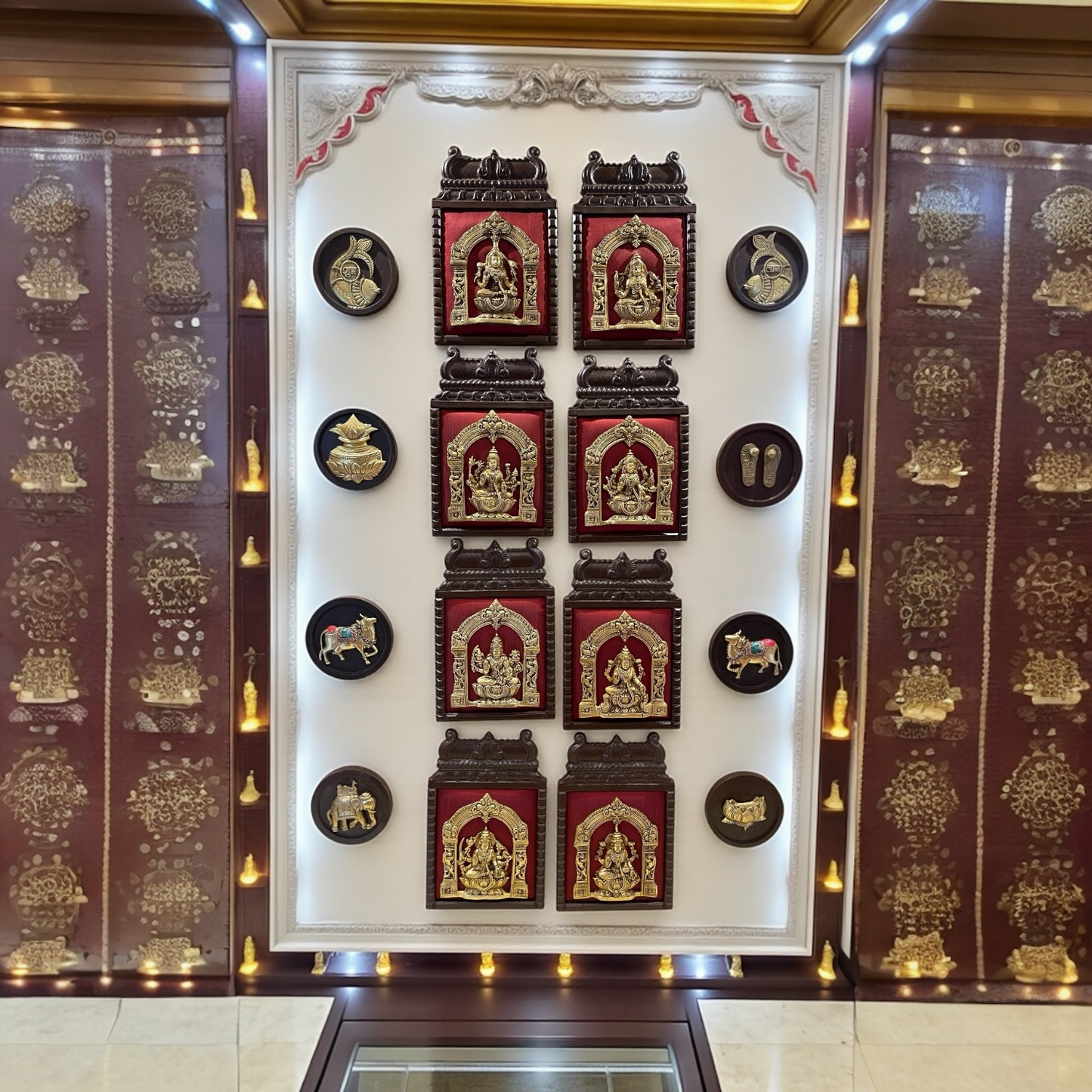 Brass Astalakshmi on Maroon Red Silk with 8 Sacred Elements in Temple Wooden Frame