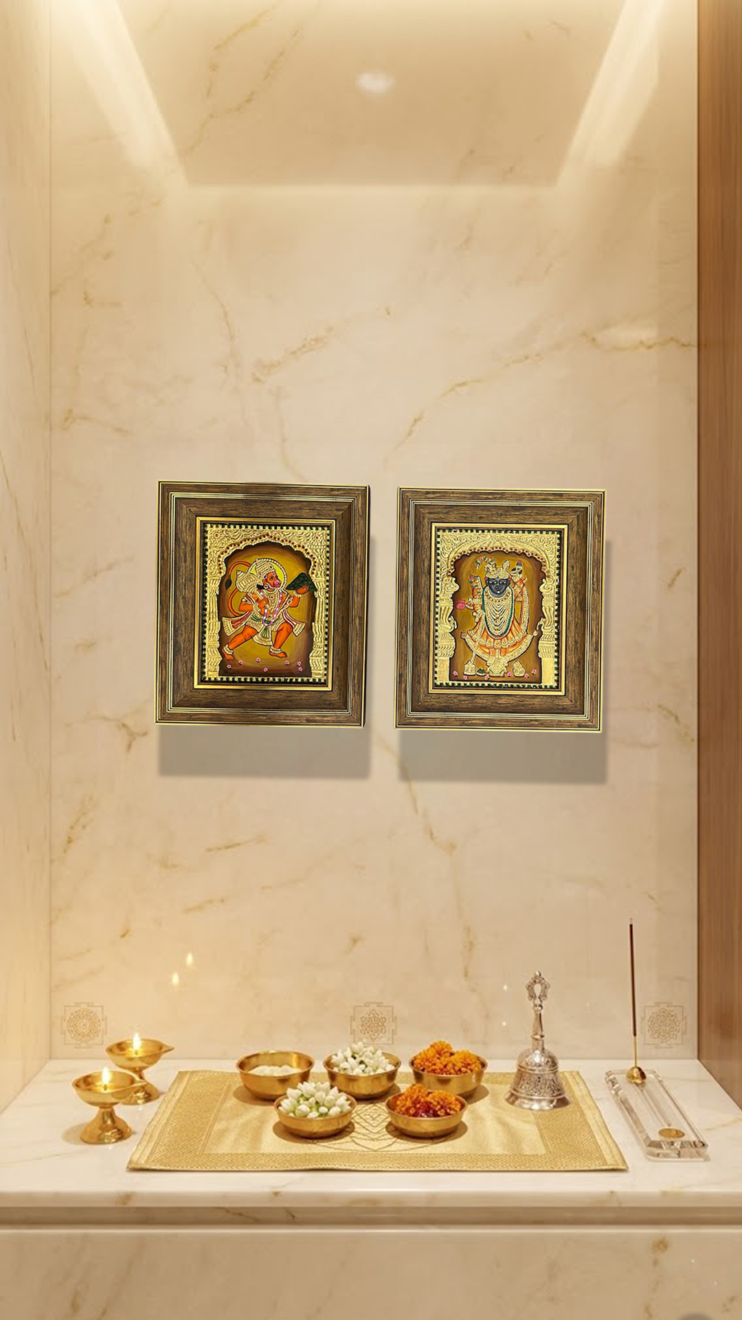 Hanuman & Shrinathji Tanjore Painting Set | Handmade Gold Foil Art | Traditional Wooden Frame Wall Decor