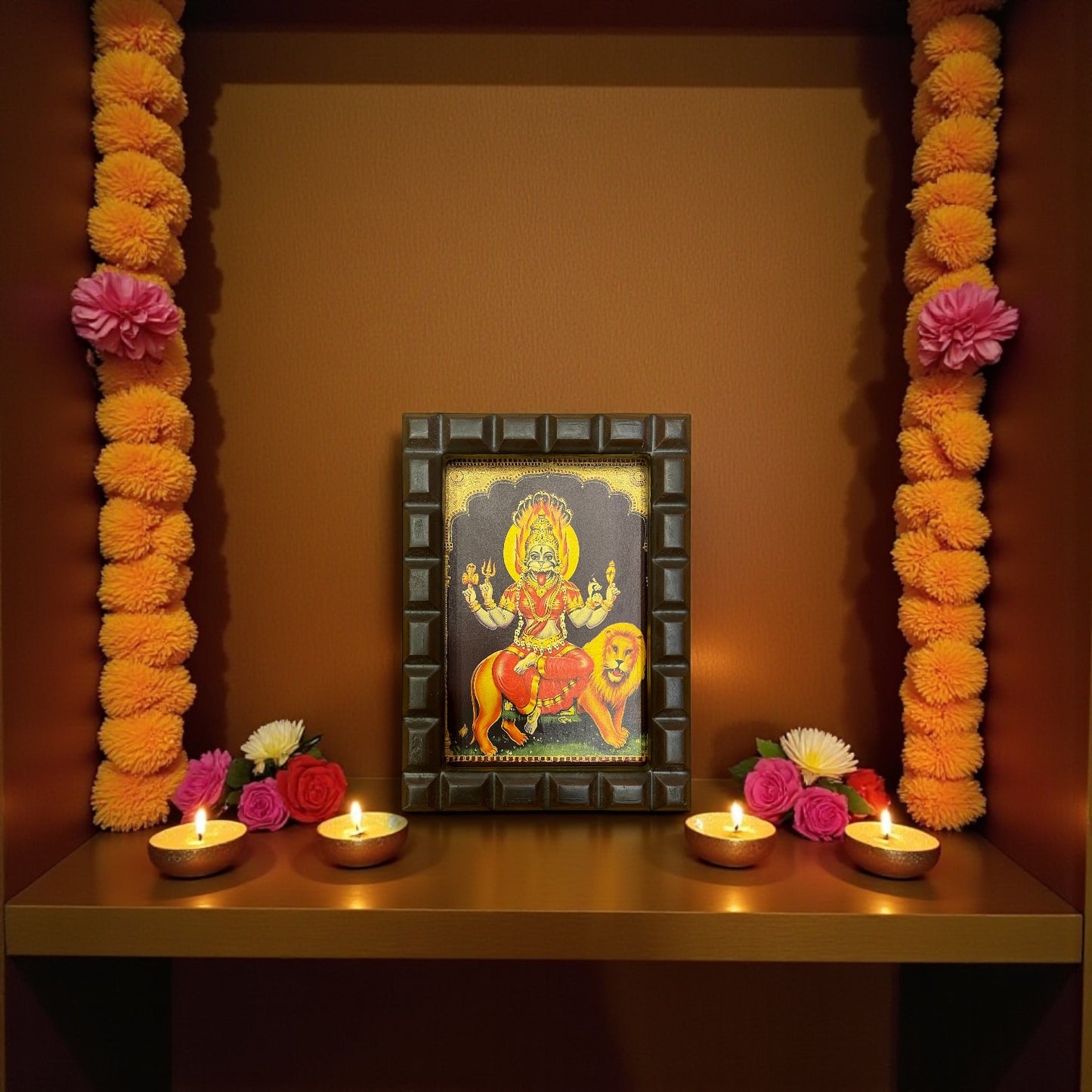Pratyangira Devi Gold Leafed Art With Wooden Frame
