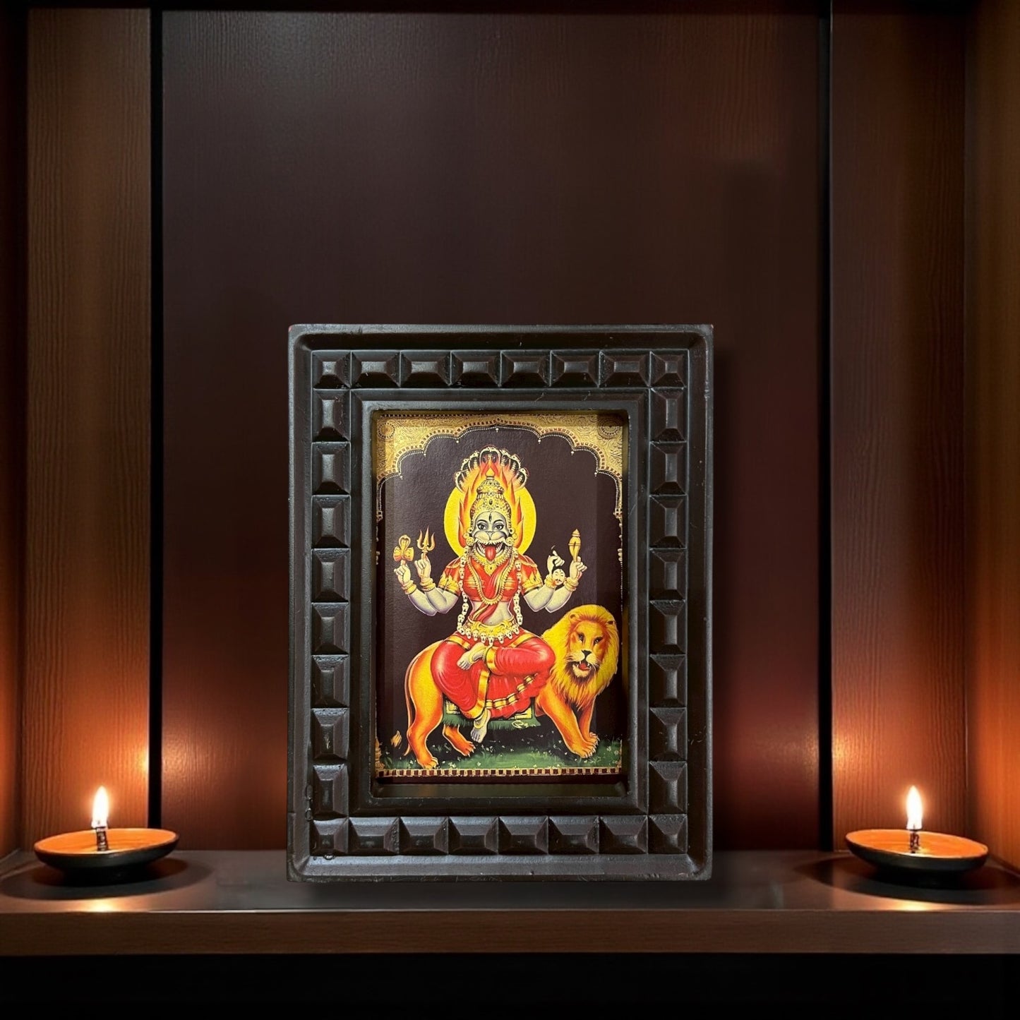 Pratyangira Devi Gold Leafed Art With Wooden Frame