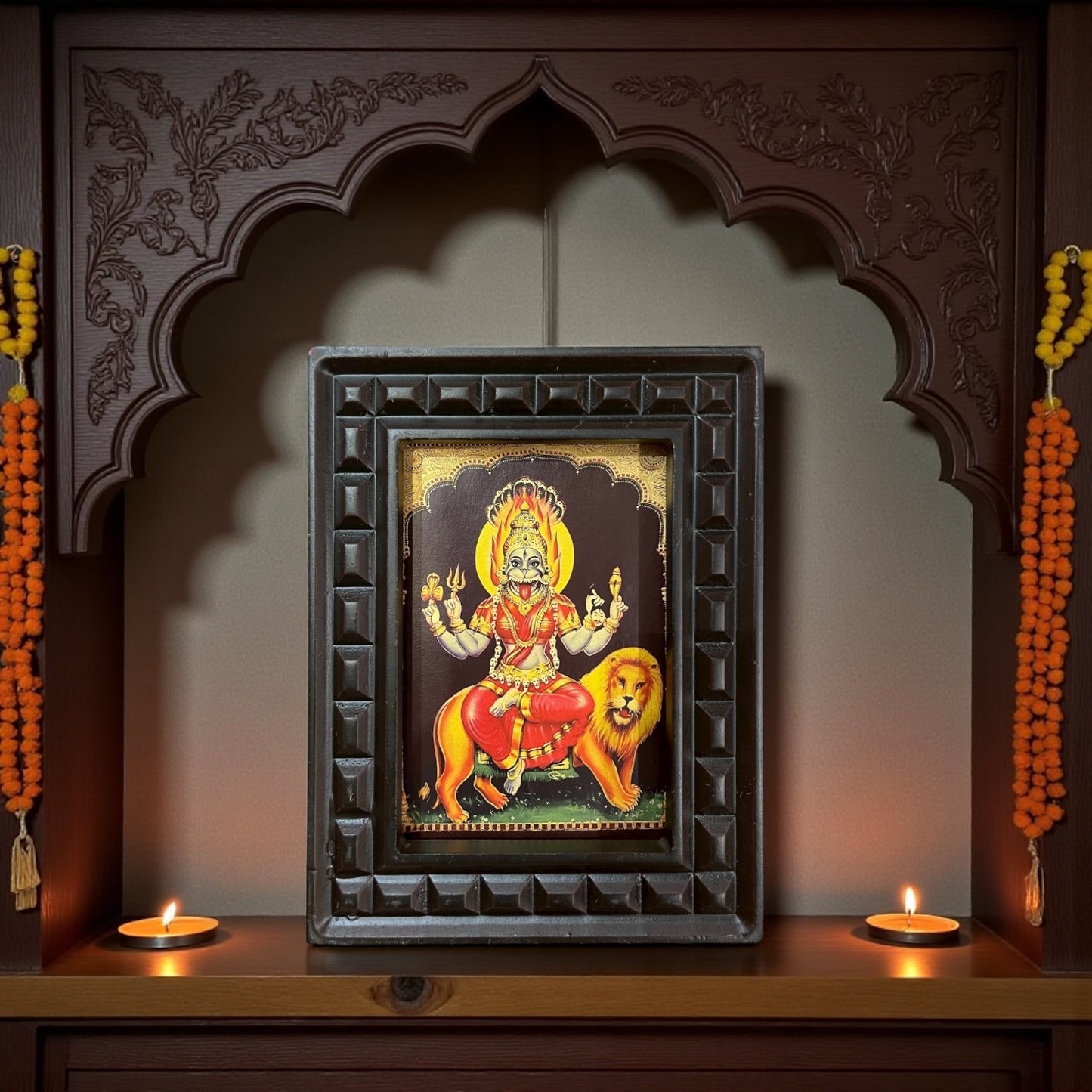 Pratyangira Devi Gold Leafed Art With Wooden Frame