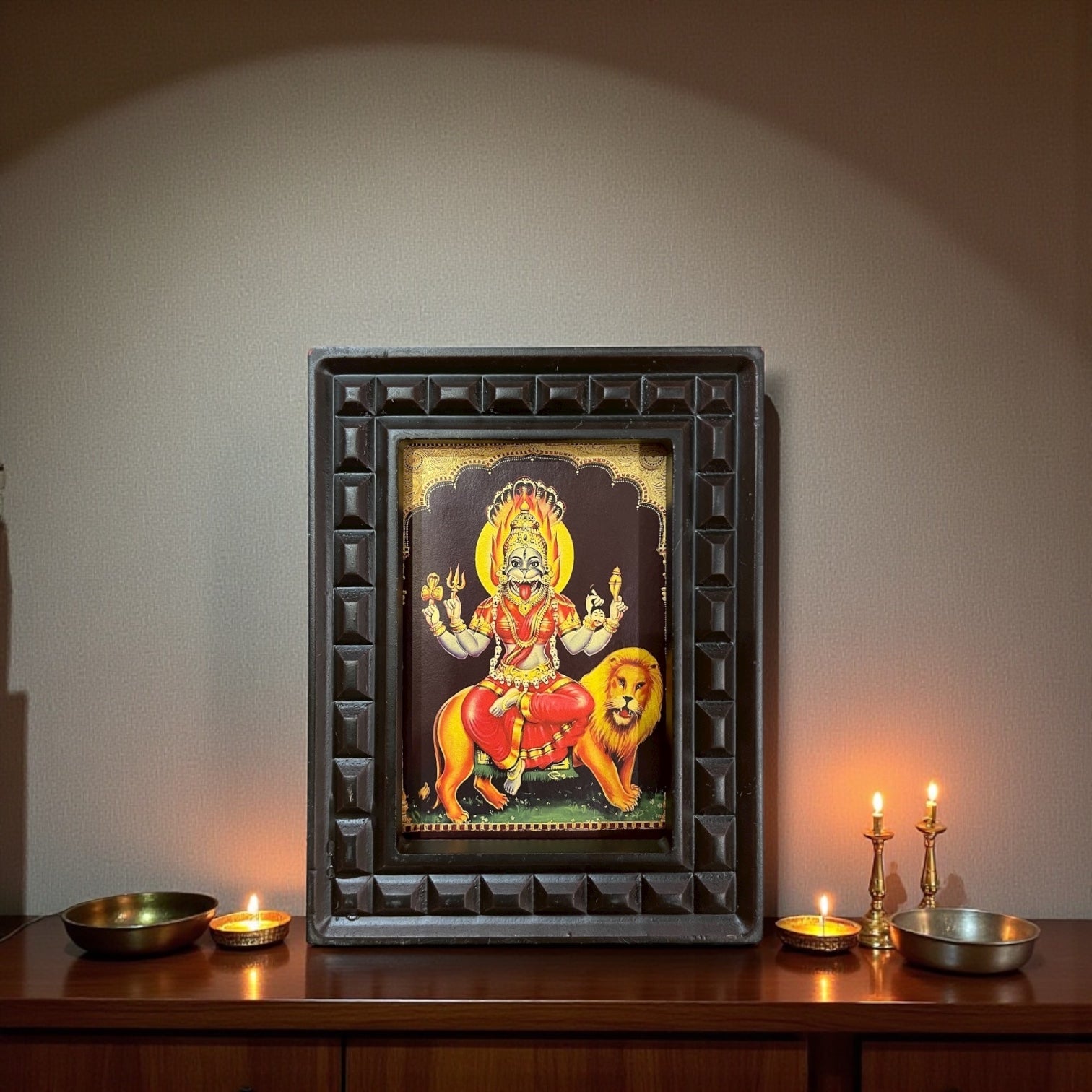 Pratyangira Devi Gold Leafed Art With Wooden Frame