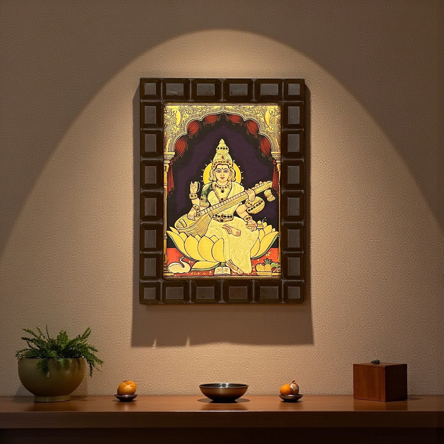 Saraswati 3 Gold Foiled art within wooden frame