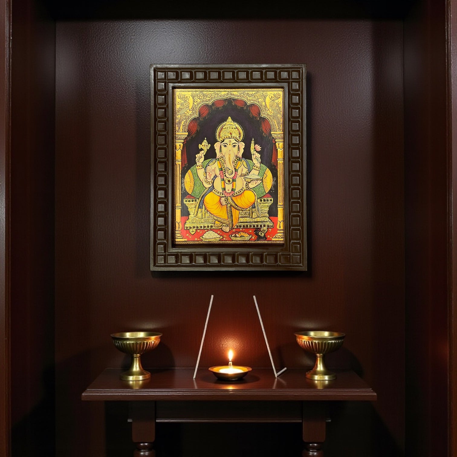 Shree Ganesha-4 Gold Leafed Art With Wooden Frame
