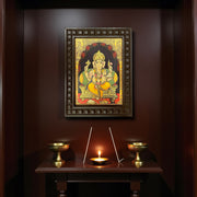 Shri Ganesha -4 Gold Leafed Artwork with Polished Engineered Wooden Frame