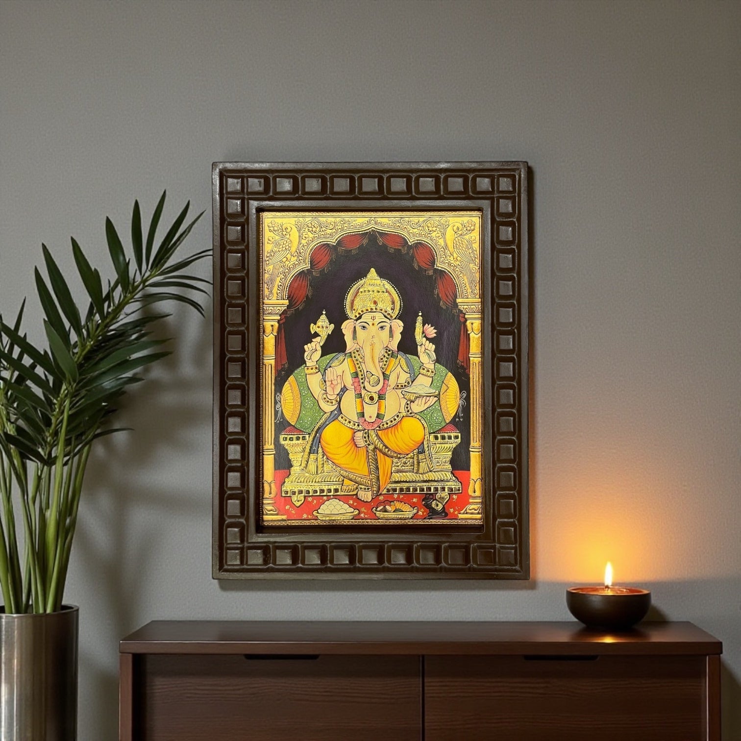 Shri Ganesha -4 Gold Leafed Artwork with Polished Engineered Wooden Frame