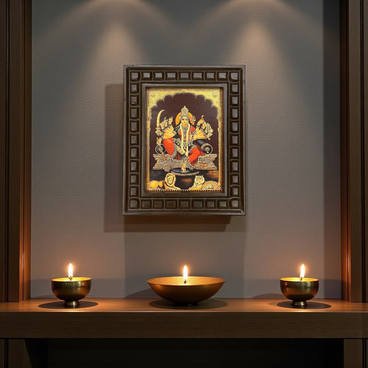 Durga Devi 6 Gold Leafed Art With Wooden Frame