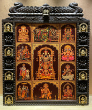 11 Gods in One Frame Gold Leaf Art with Brass Ashtalakshmi | Temple Style Wooden Pooja Frame by Estudio