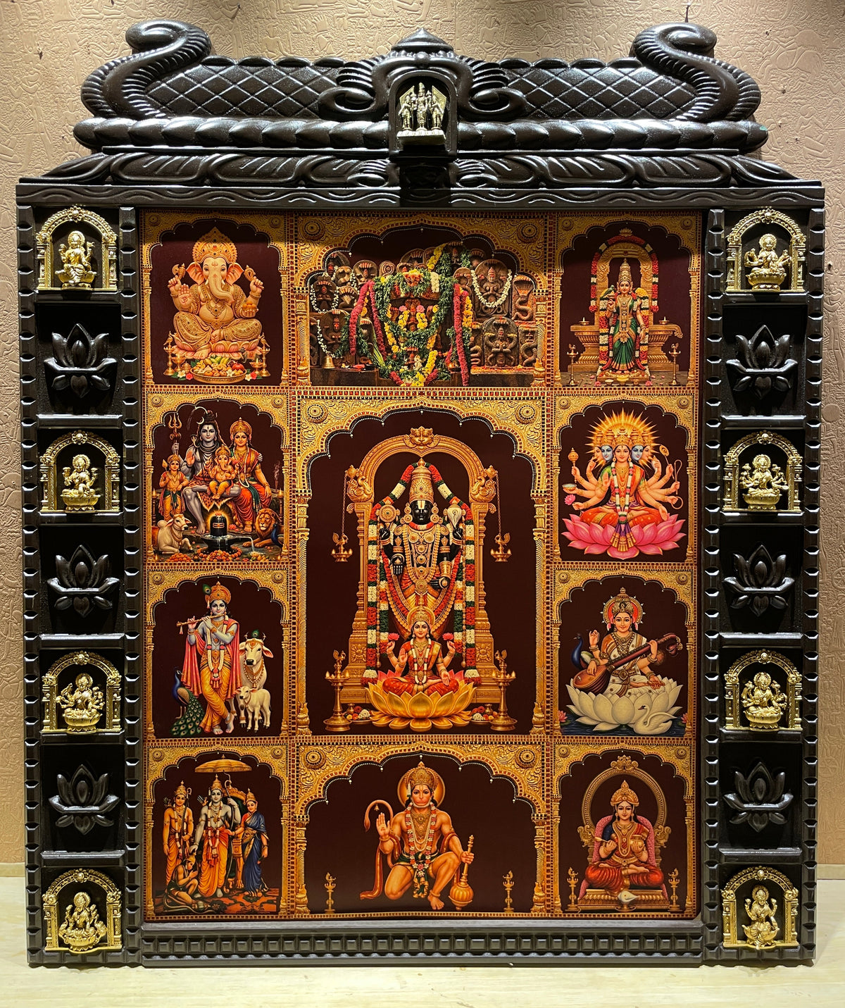 11 Gods in One Frame Gold Leaf Art with Brass Ashtalakshmi | Temple Style Wooden Pooja Frame by Estudio