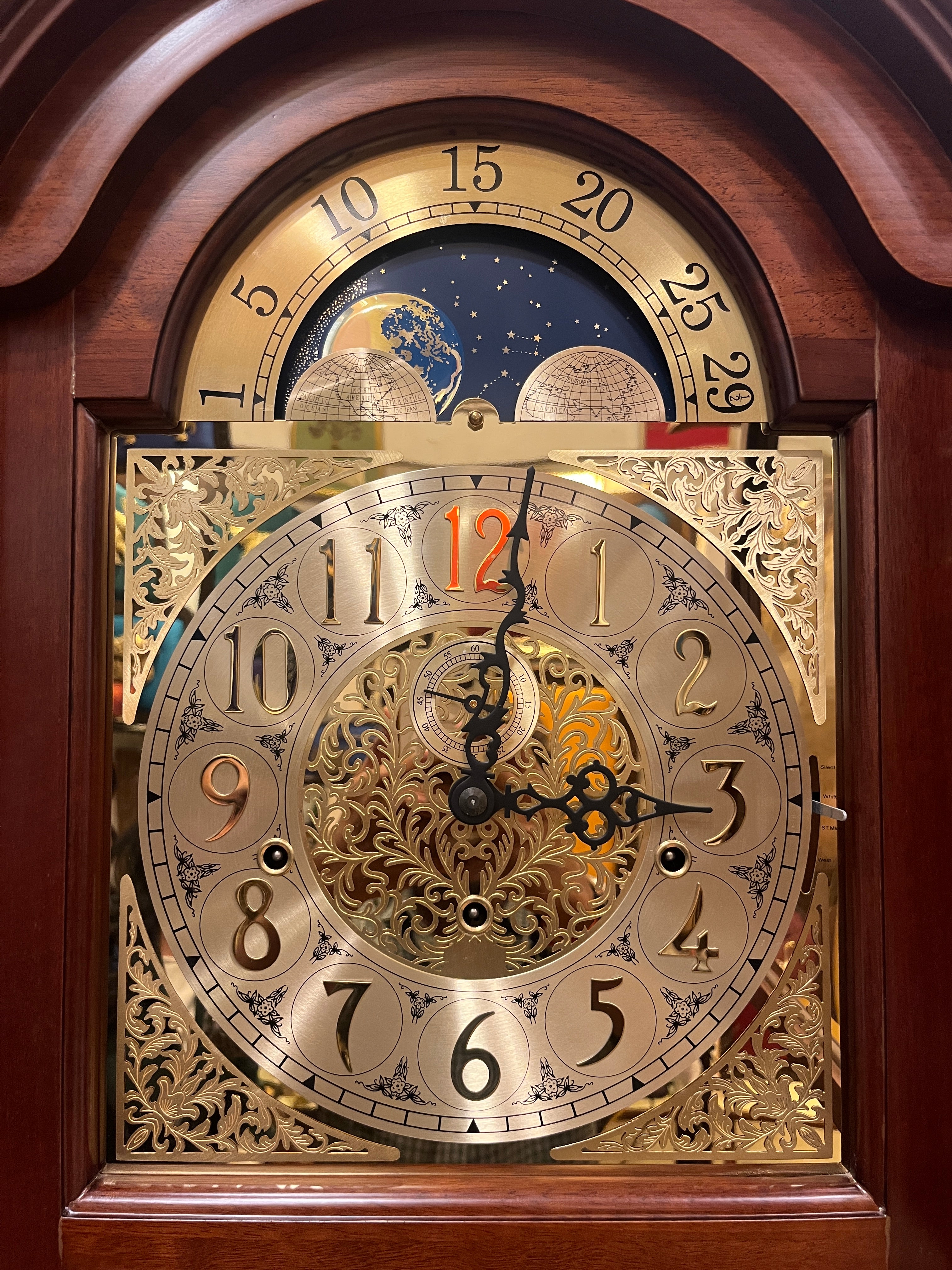 Original German Mechanical Grandfather Clock with Triple Chime, Moon Phase & Marquetry Work (88”)