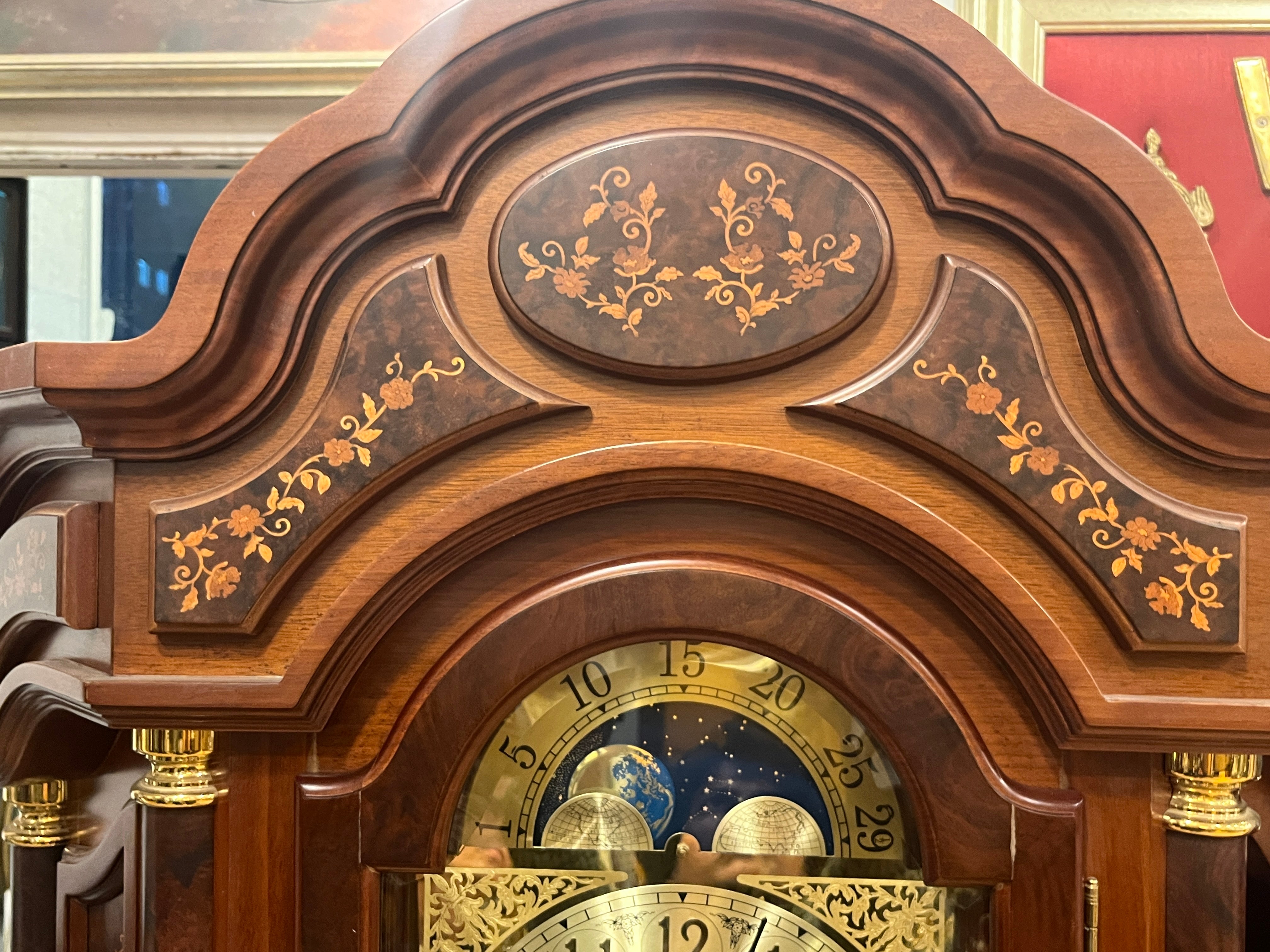 Original German Mechanical Grandfather Clock with Triple Chime, Moon Phase & Marquetry Work (88”)