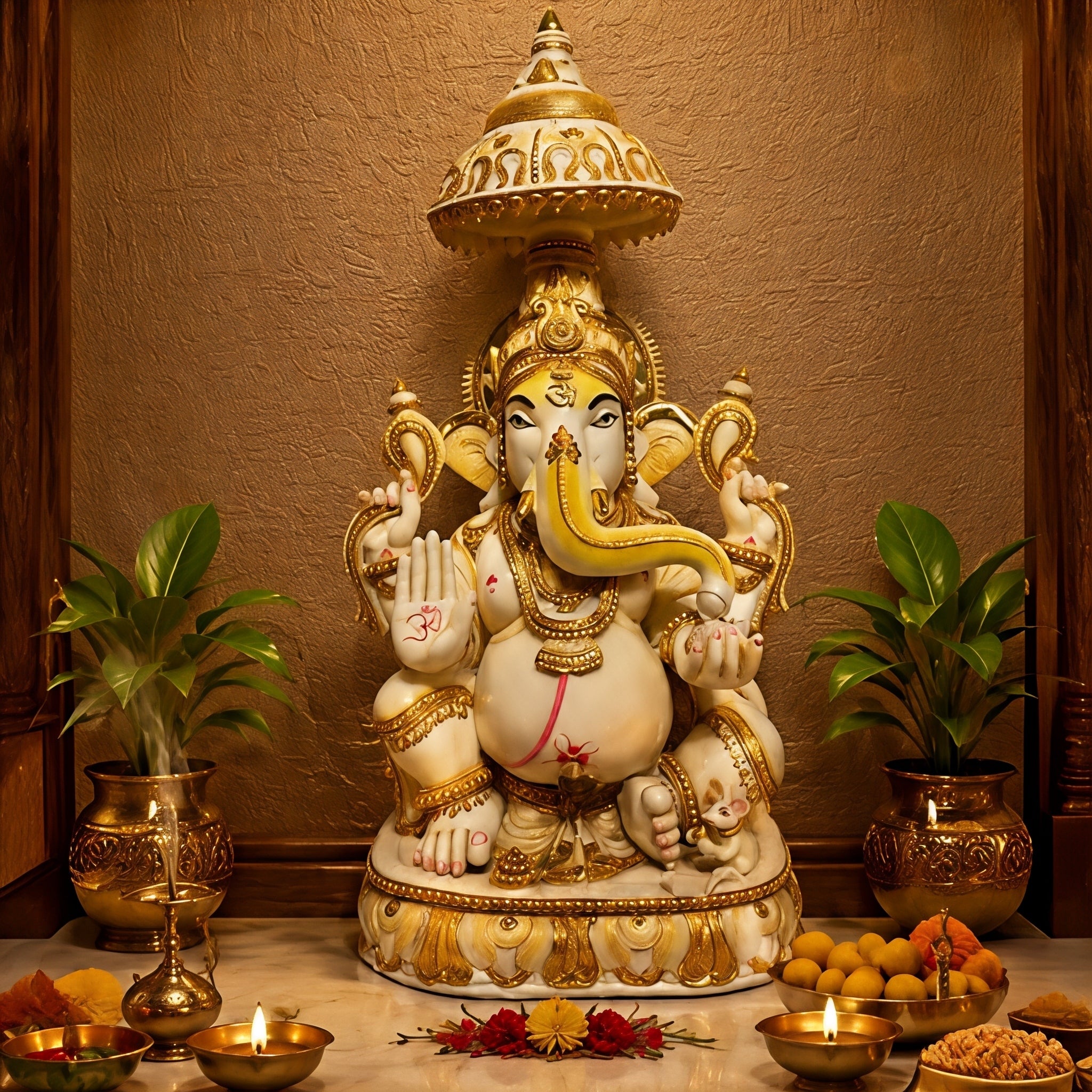 Lord Ganesha Marble Dust Handcrafted Idol with Gold Embellishment