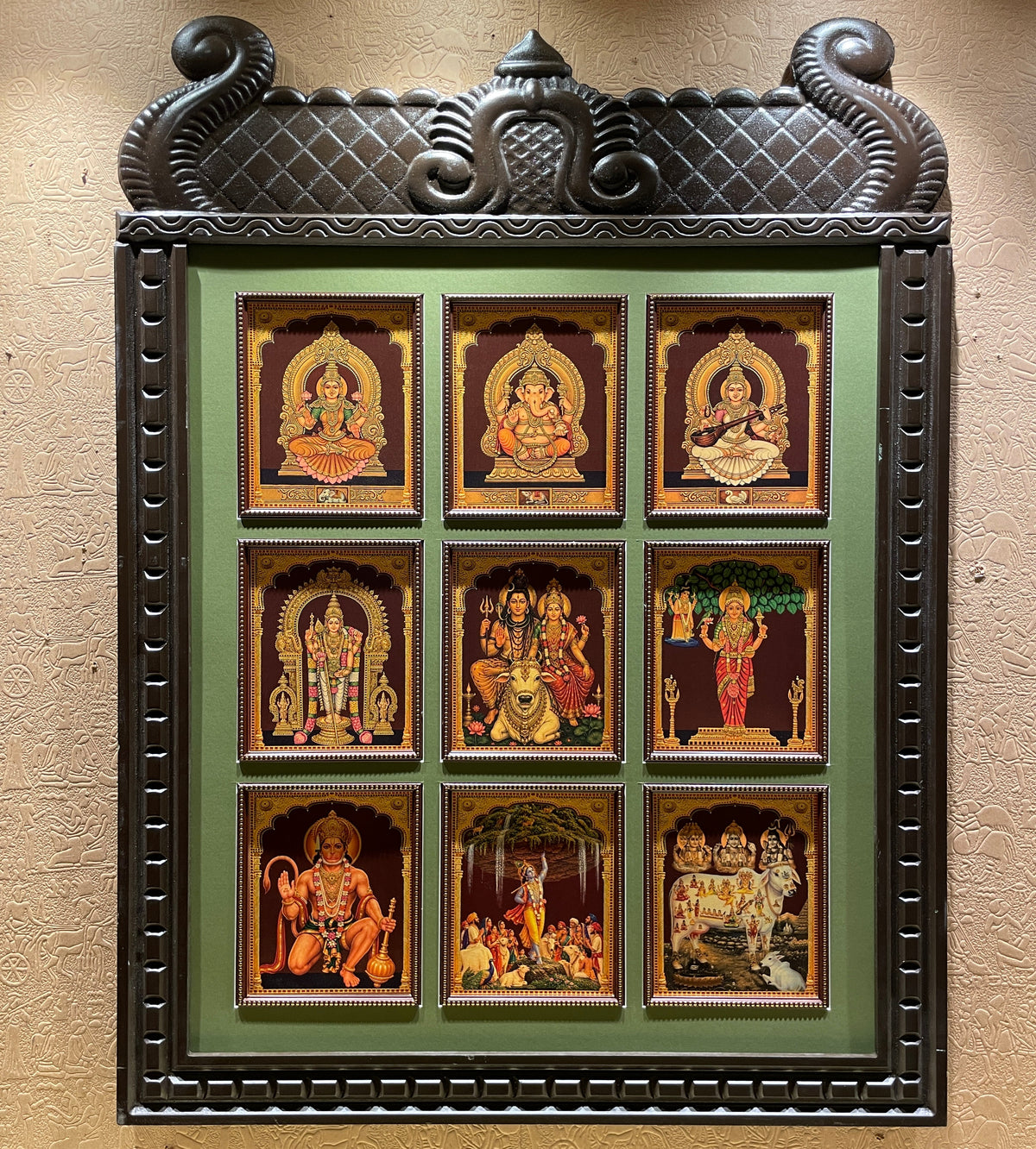 9 Gods in One Frame | Green Mount Temple-Style Wooden Frame | Divine Wall Art by Estudio