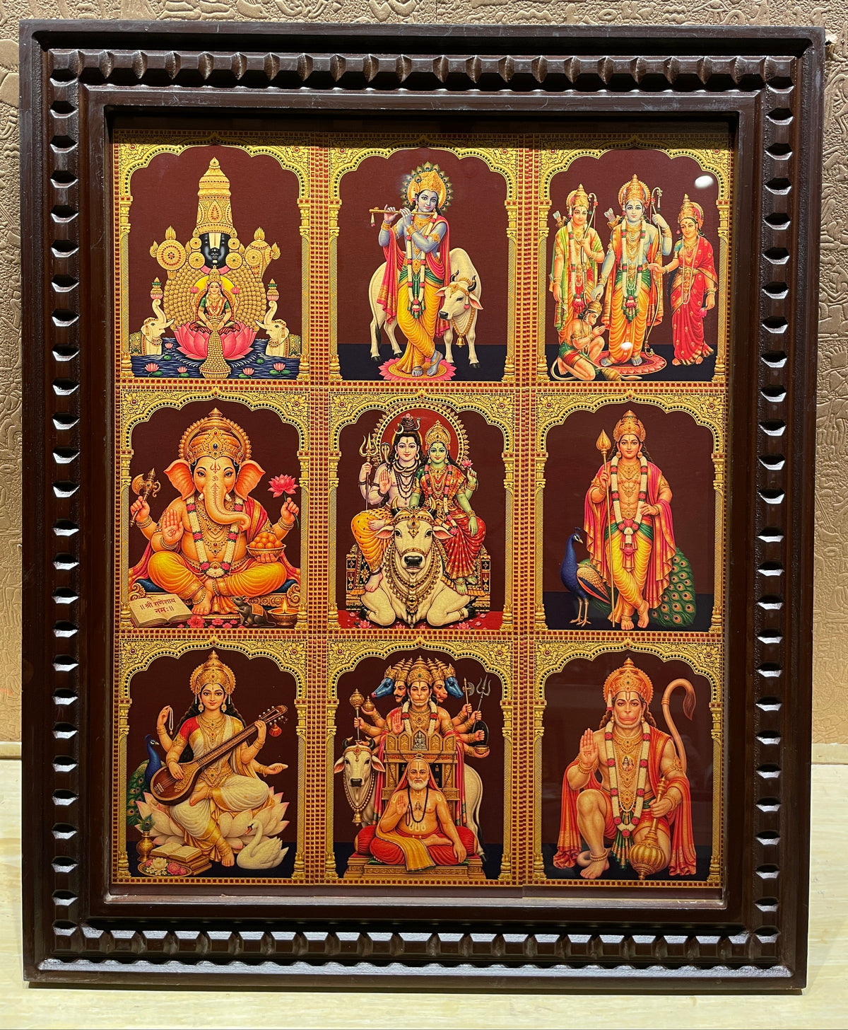 9 Gods in One Frame Gold Leaf Art, Engineered Wooden Pooja Frame | Made by Estudio