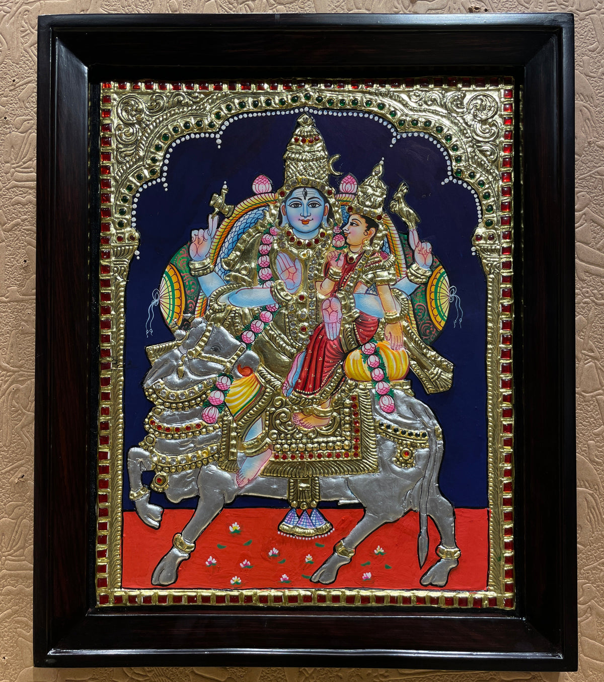Pradosha Shiva Parvati Tanjore Painting | Rosewood Frame