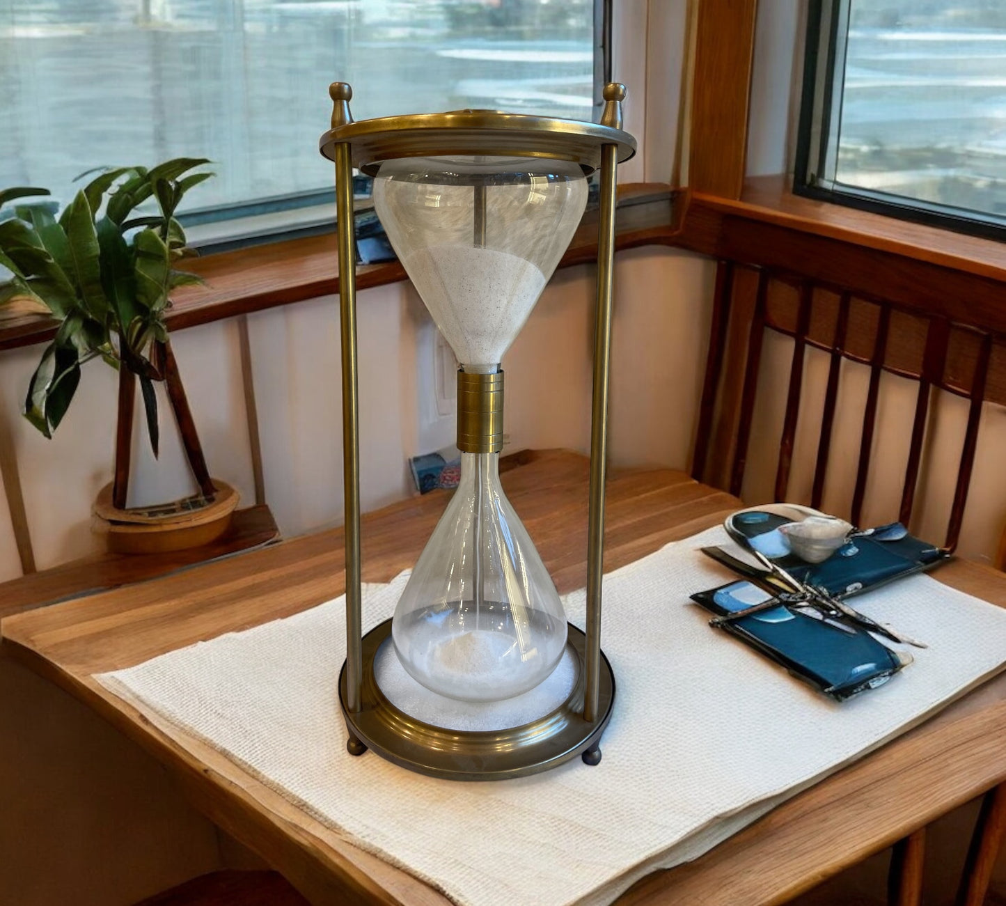 Brass Sand Timer with Compass and White Sand