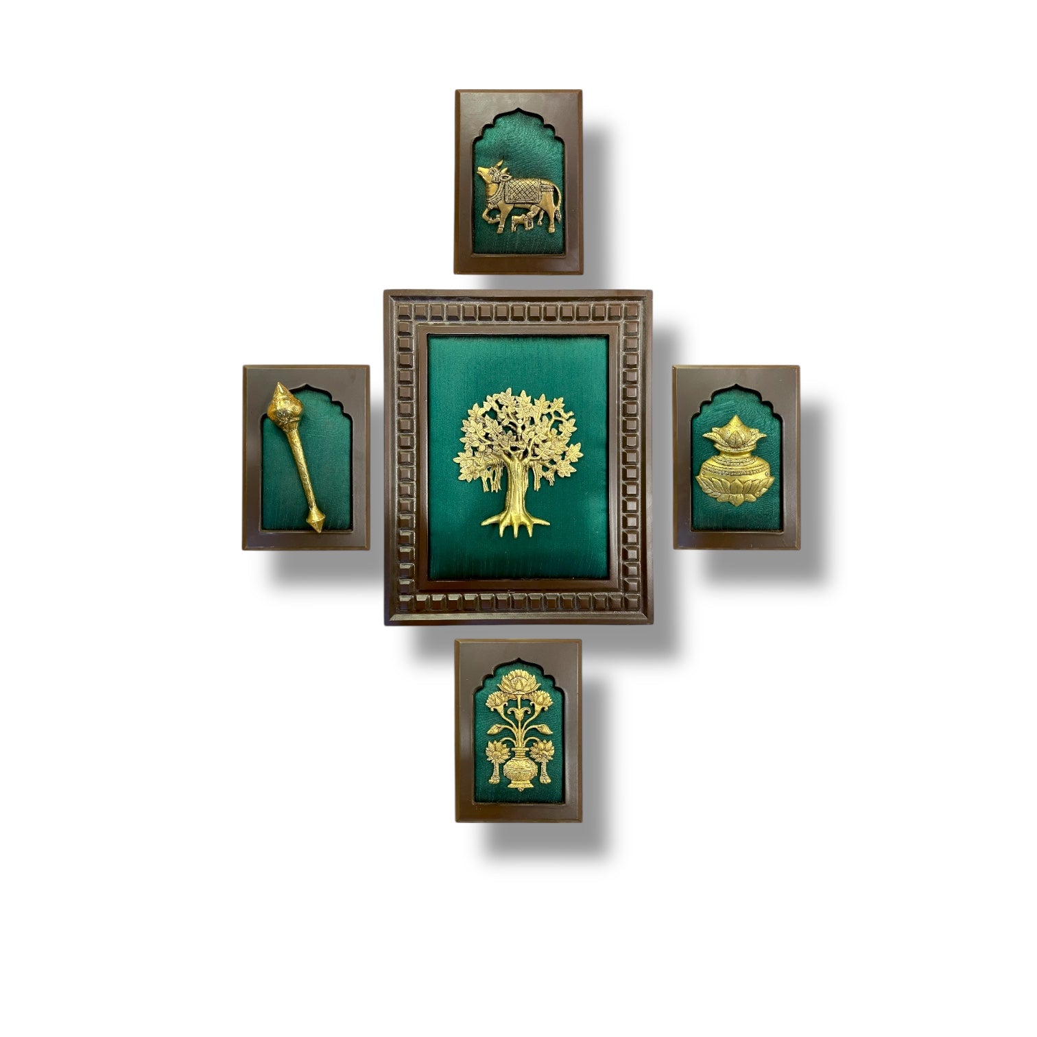 Green Wall Art Set with Kalapvriksha, Gadha, Flower pot, kamdhenu, Kuber Kalash