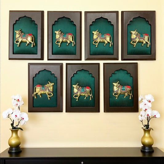 7 Set Brass Kamadhenu on Green Silk | Auspicious Wall Art for Pooja Room &amp; Gifting – Estudio