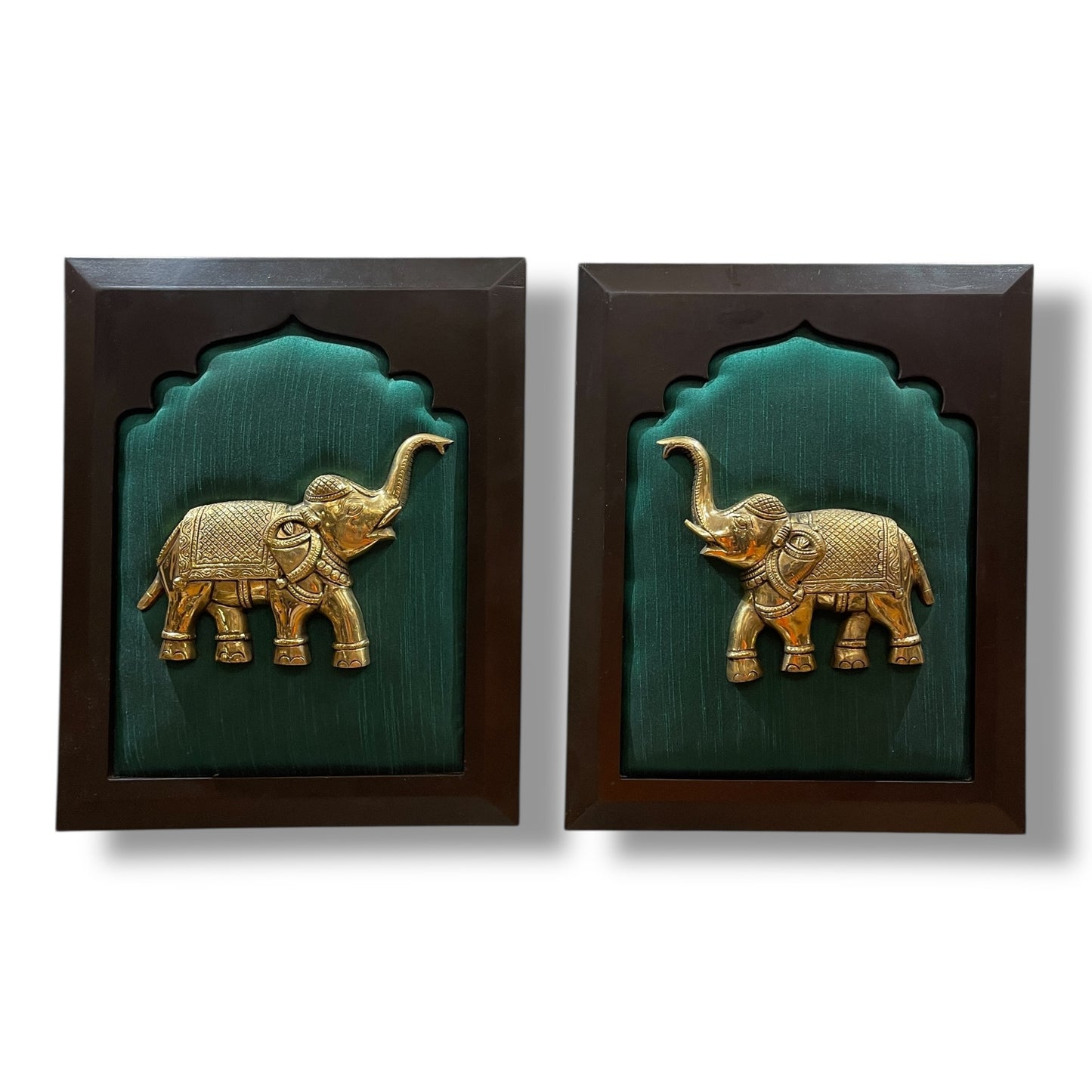 Brass Elephant 2 with Rama Green Silk in Wooden Frame – By Estudio