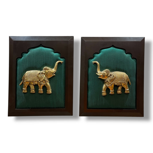 Brass Elephant 2 with Rama Green Silk in Wooden Frame – By Estudio
