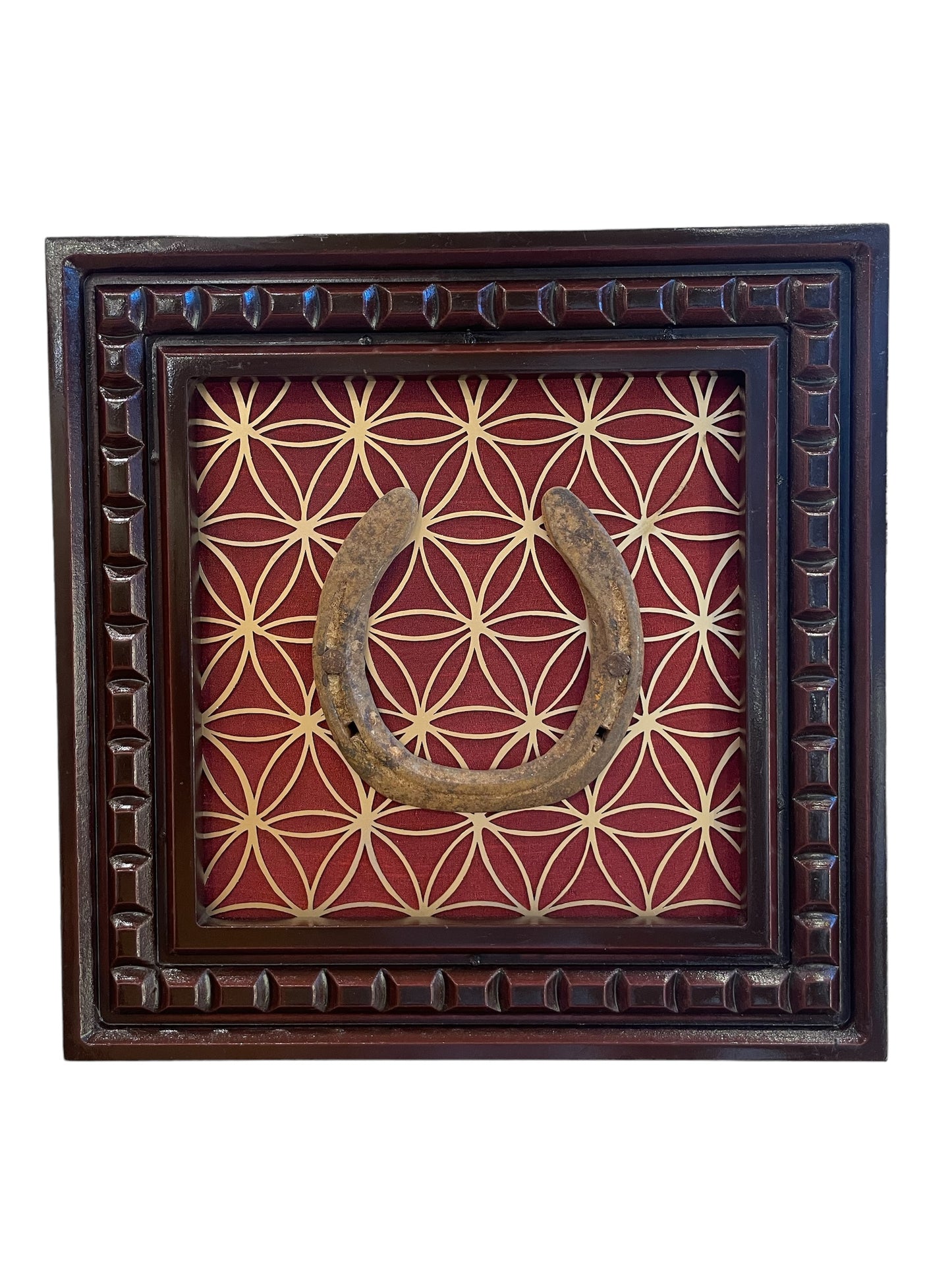 Good Luck Horseshoe With Flower of Life Metal Backdrop and Wine Red Silk, Framed in Waterproof Engineered Wood