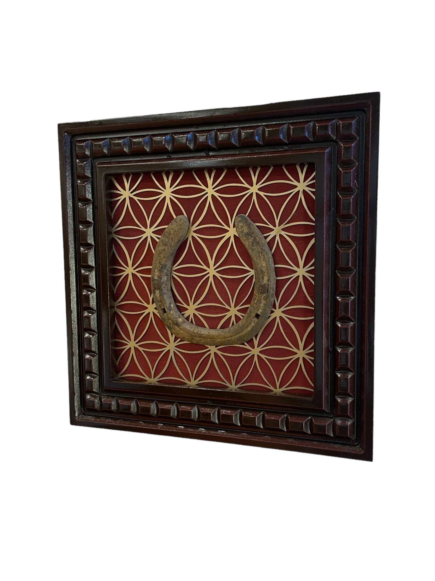 Good Luck Horseshoe With Flower of Life Metal Backdrop and Wine Red Silk, Framed in Waterproof Engineered Wood