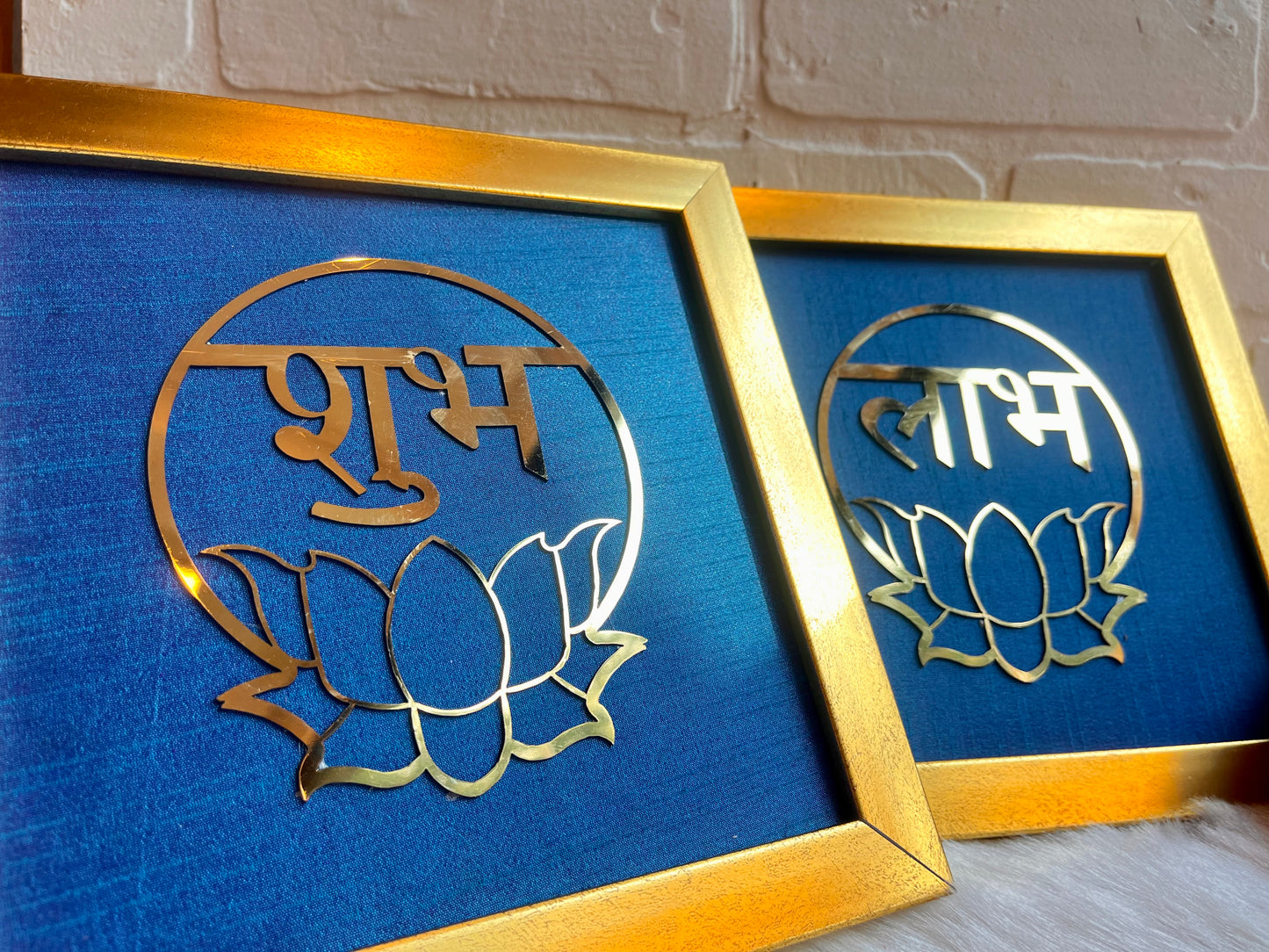 Shubh Labh metal brass with Royal Blue silk backdrop - resin gold frame