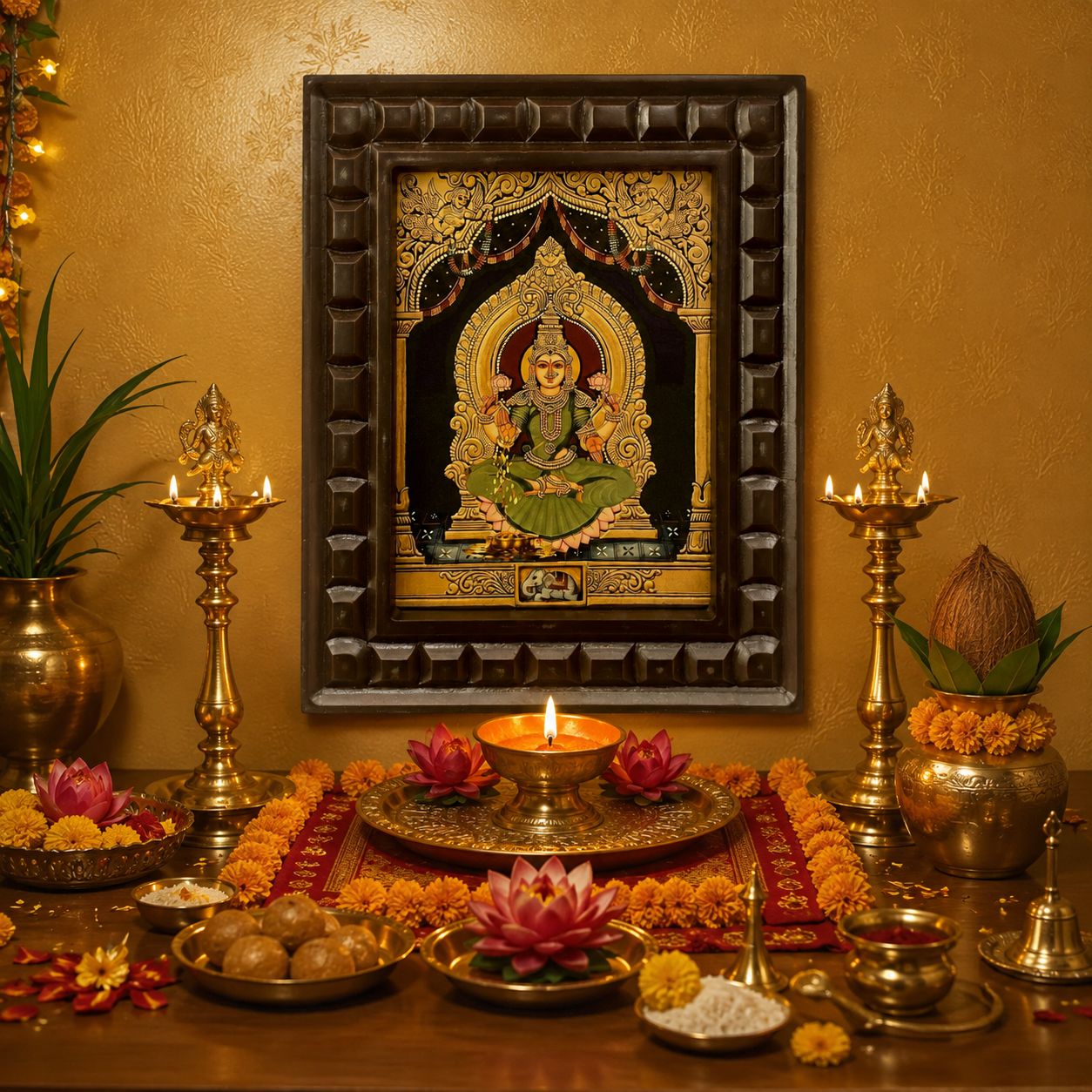 Lakshmi -2 (Green Saree) Gold Leafed Artwork with Polished Engineered Wooden Frame