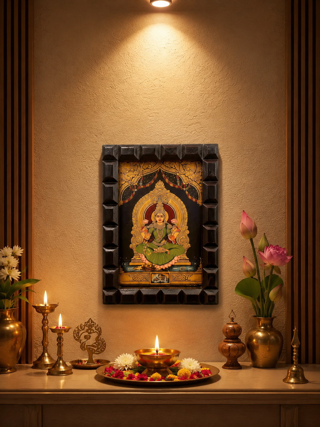 Lakshmi -2 (Green Saree) Gold Leafed Artwork with Polished Engineered Wooden Frame
