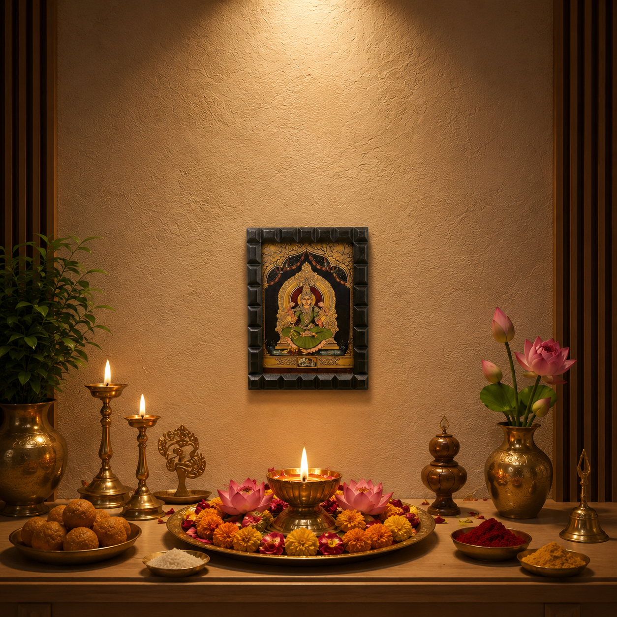 Lakshmi -2 (Green Saree) Gold Leafed Artwork with Polished Engineered Wooden Frame