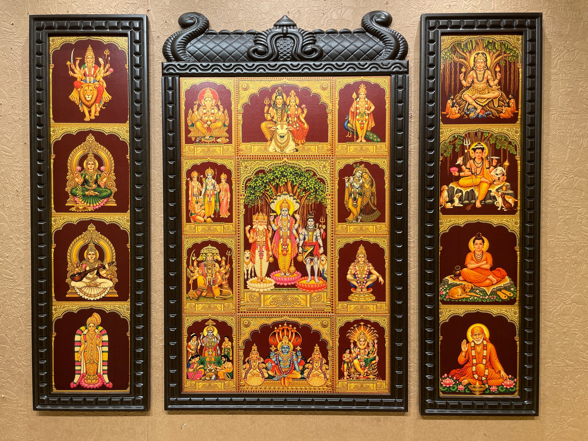 19 Gods in 3 Divine Frames | Gold Leaf Artwork with Temple-Style Wooden Frames | Estudio