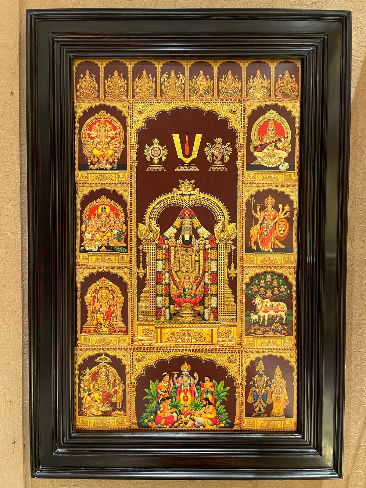 10 Gods with Ashtalakshmi in One Frame | Gold Leaf Art | Rosewood Frame | Estudio