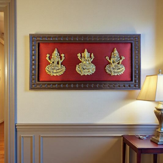 Brass Lakshmi,Ganapathi, Saraswathi Red Silk backdrop