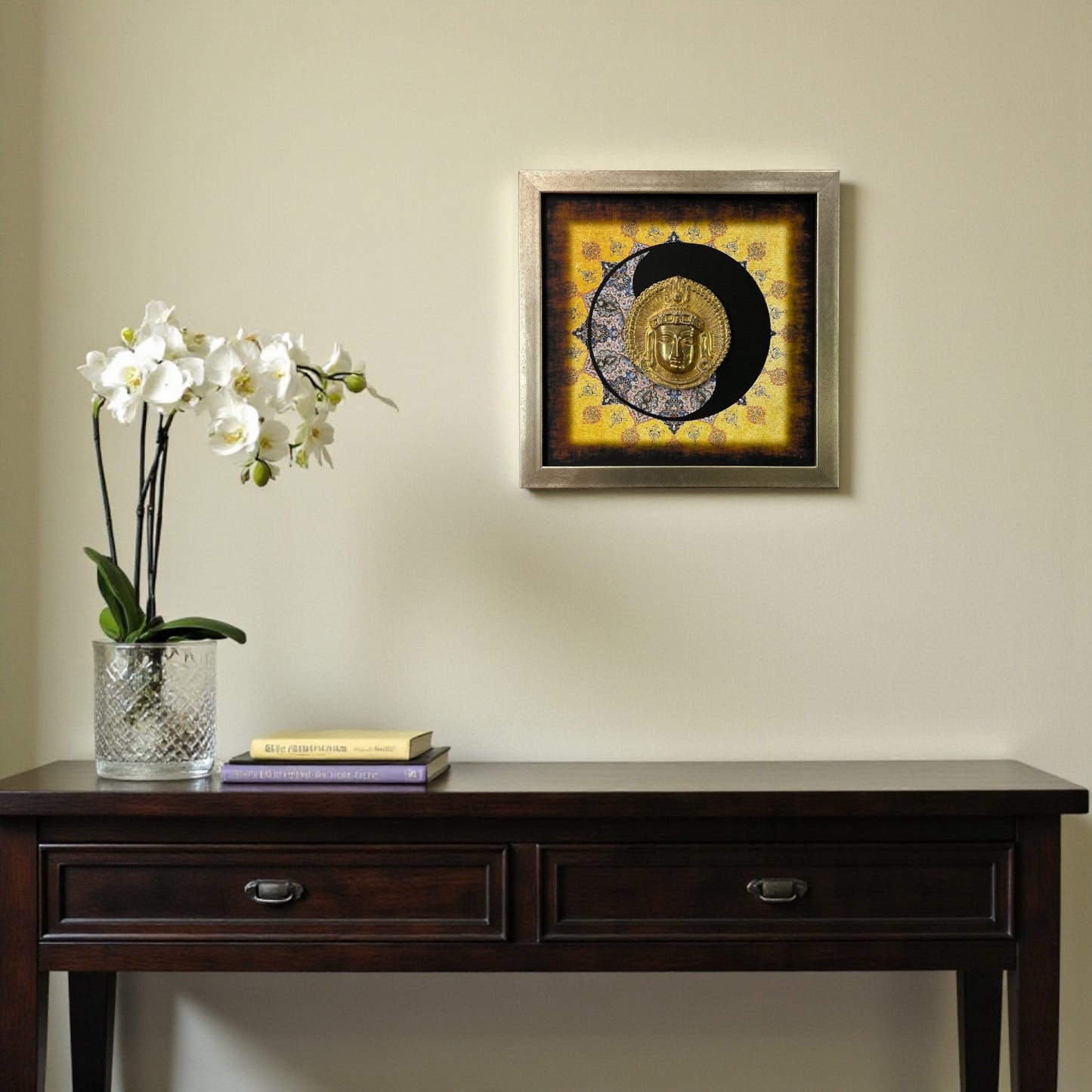 Buddha brass with Yin & Yang background