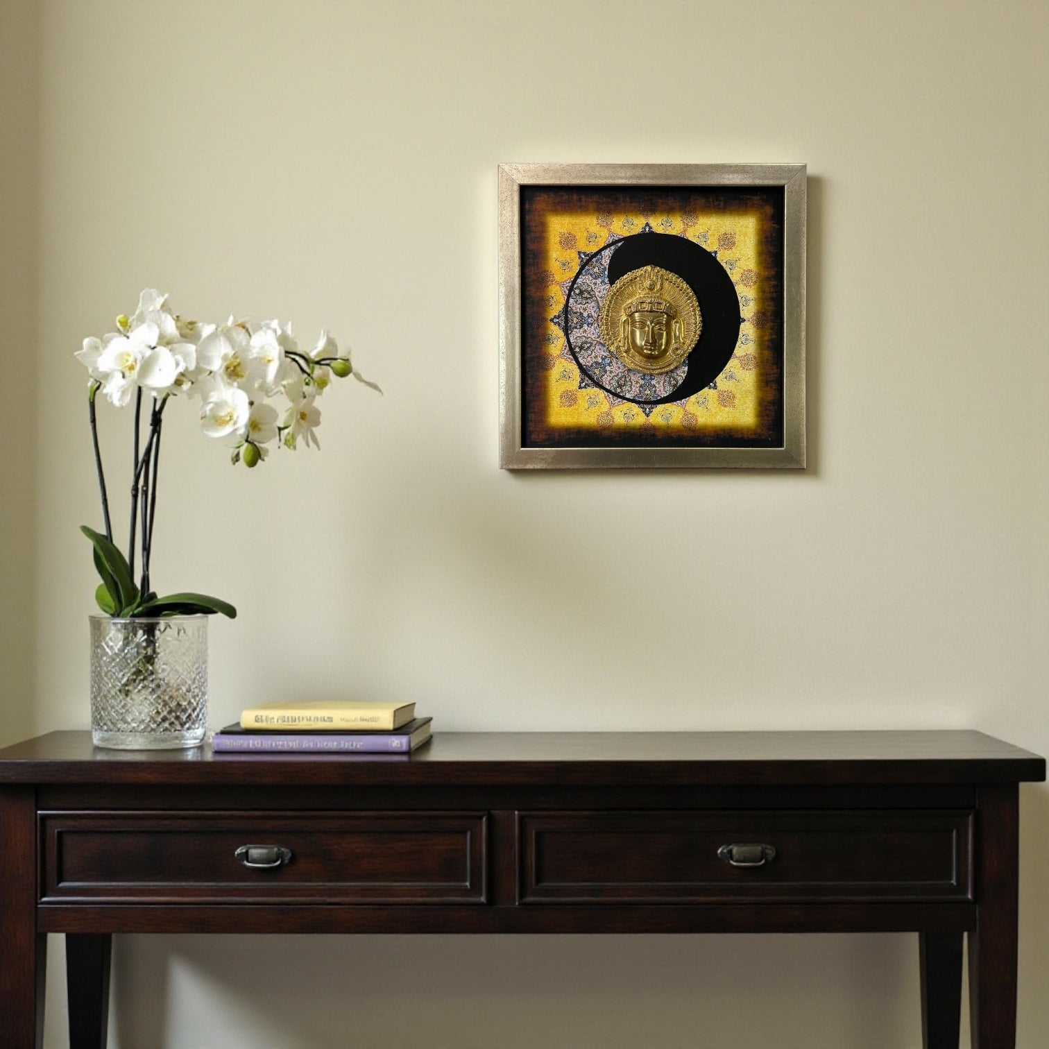 Buddha brass with Yin & Yang background