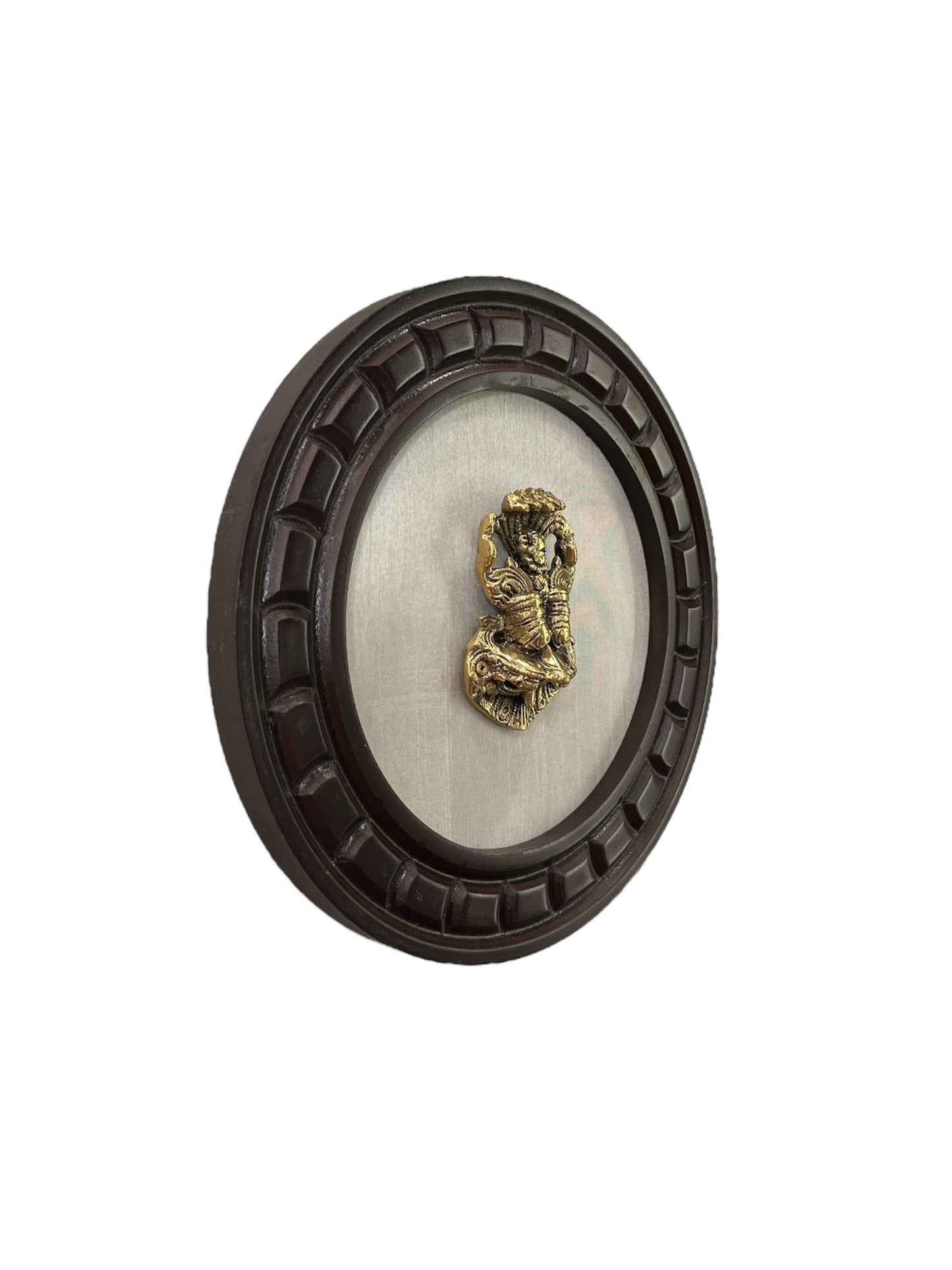 Om Tath Sath Brass with off white silk backdrop carved circular wooden frame