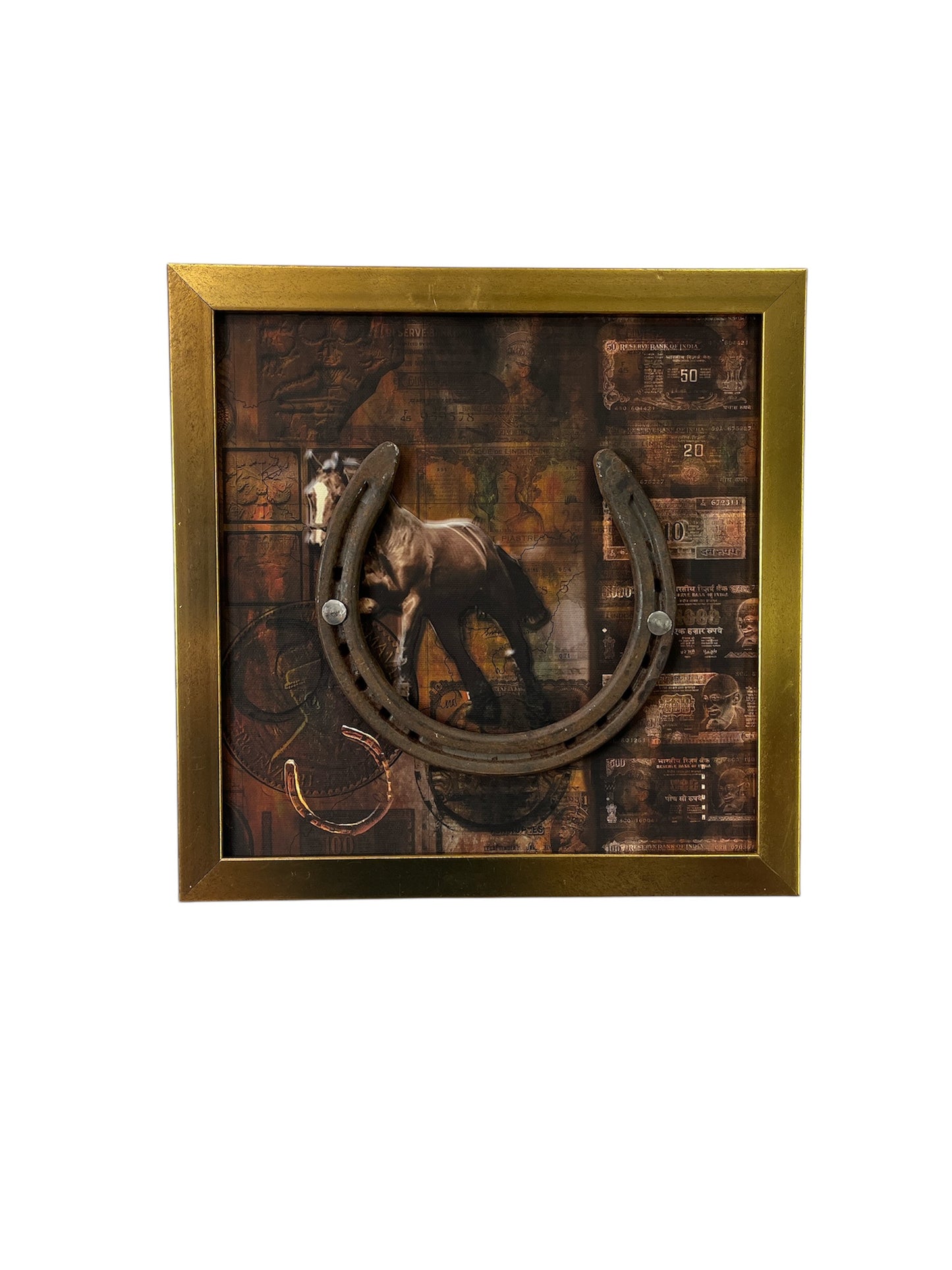 Antique Horse Shoe with Rustic Artwork on Canvas backdrop