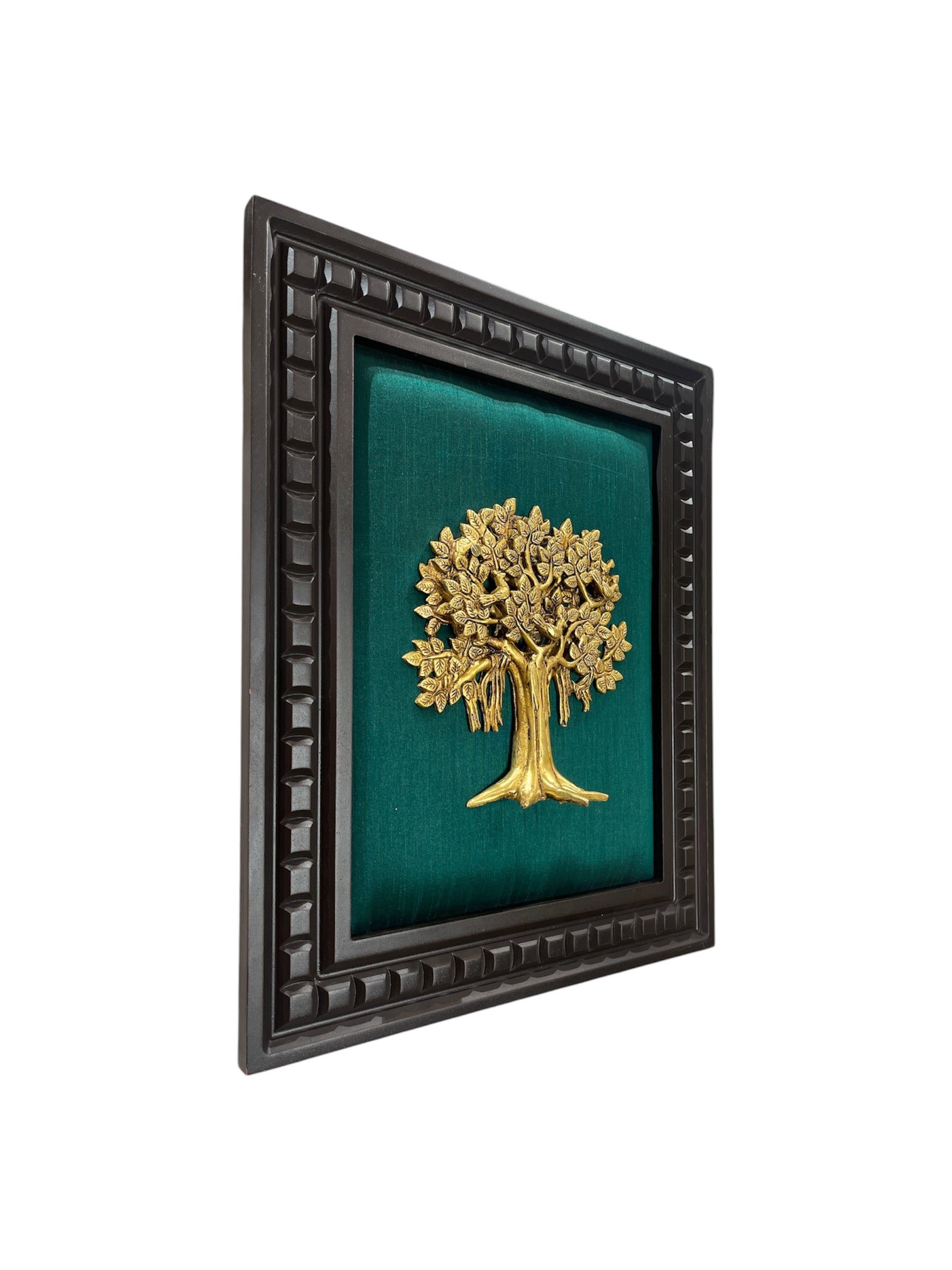 Brass Kalpavriksha with Dark green silk backdrop in wooden frame