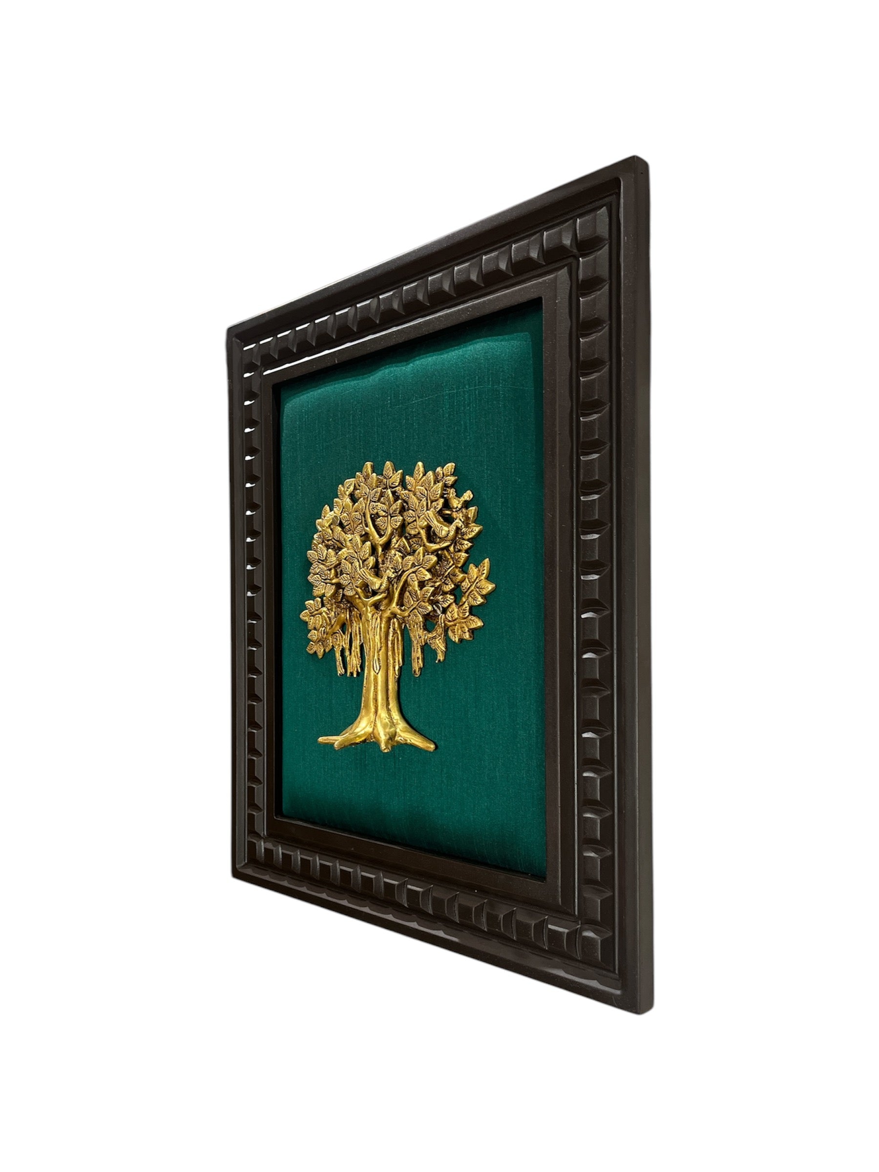 Brass Kalpavriksha with Dark green silk backdrop in wooden frame