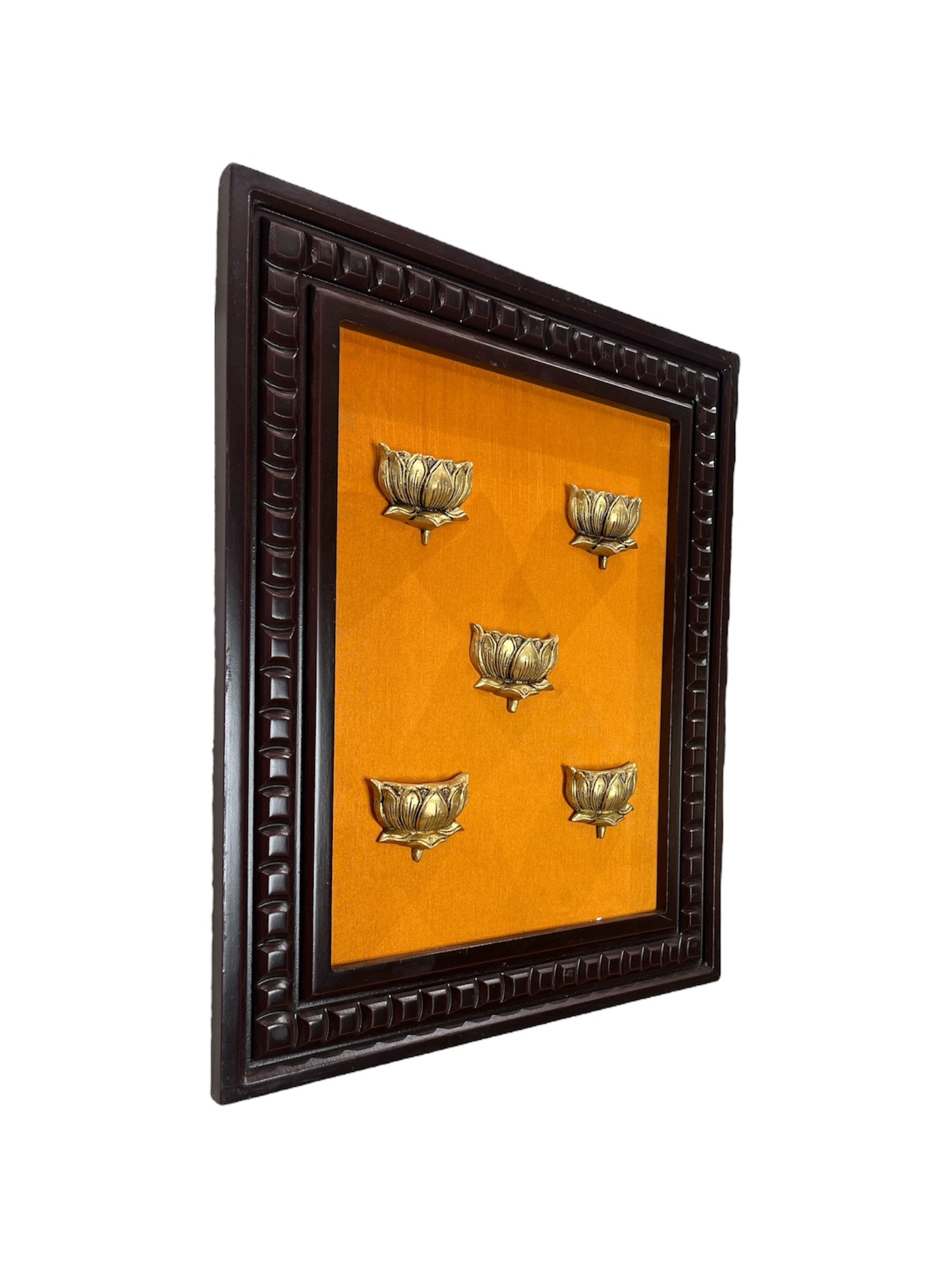 Brass 5 Lotus Pond with yellow silk backdrop in wooden frame