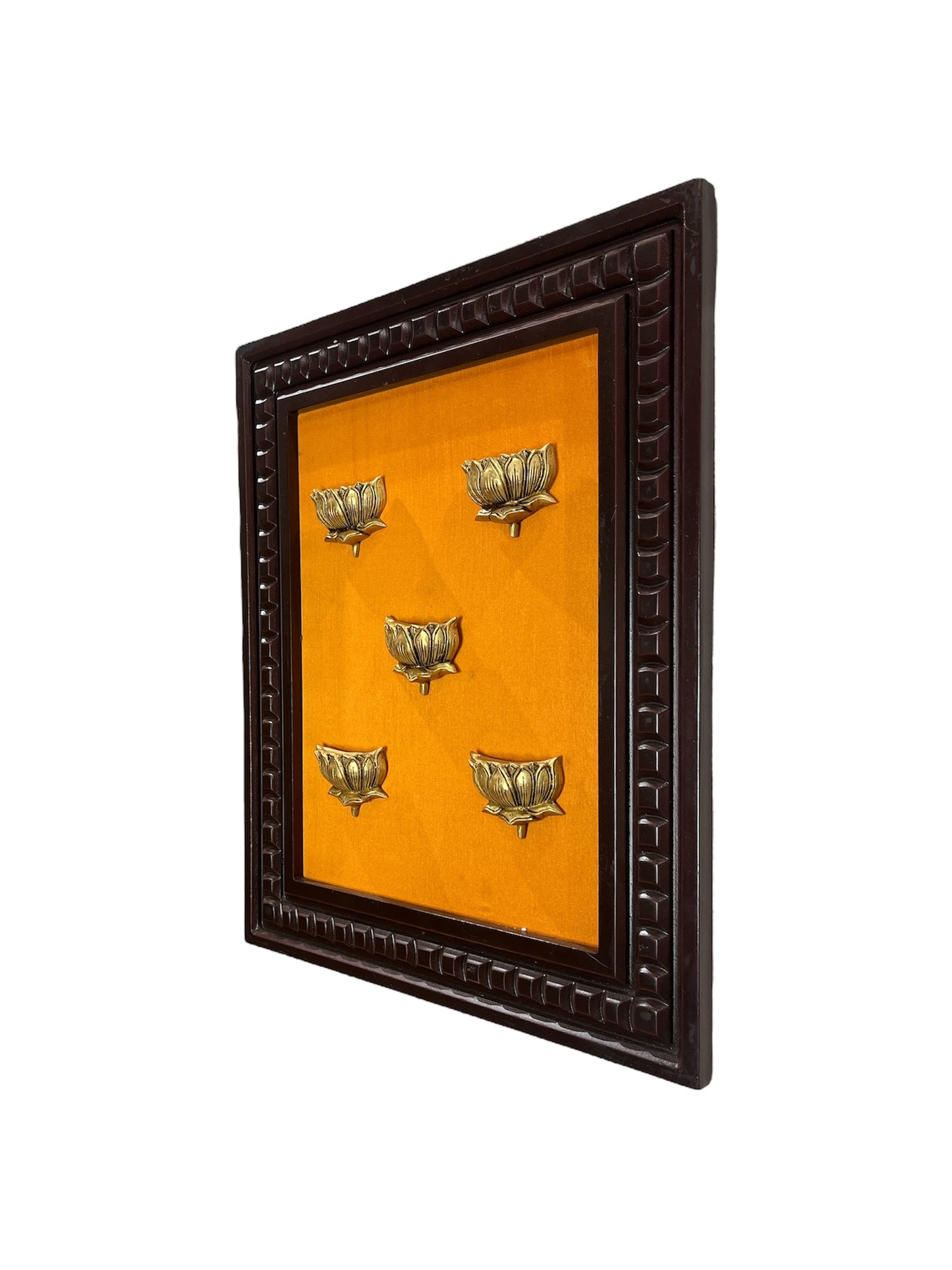 Brass 5 Lotus Pond with yellow silk backdrop in wooden frame